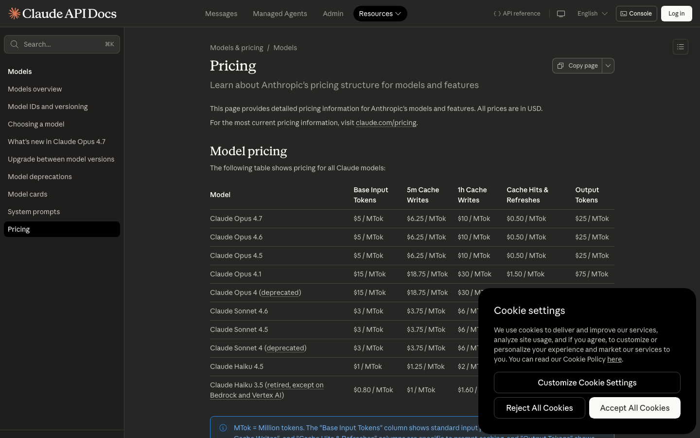 Anthropic api pricing documentation page screenshot