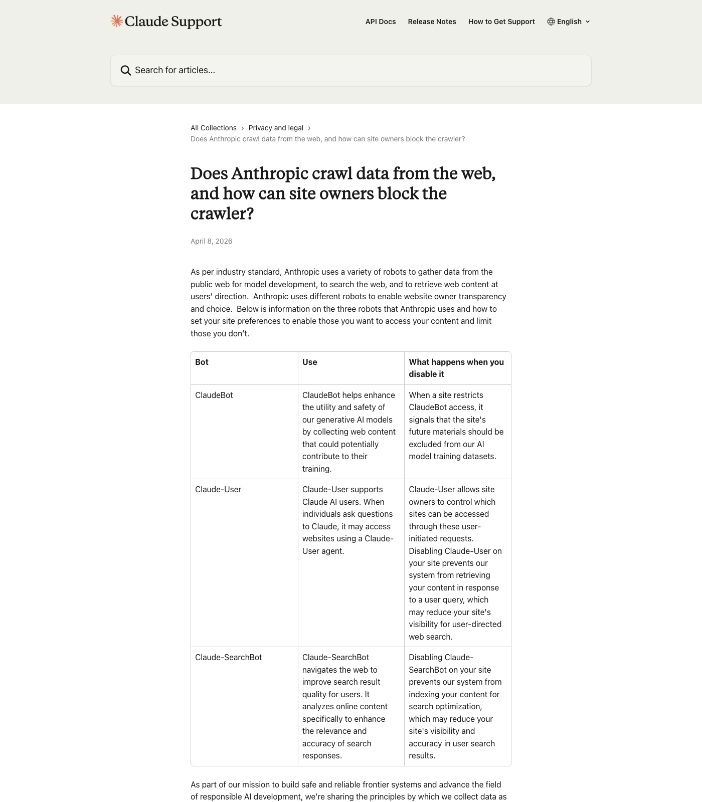 ClaudeBot Is Hitting Your WordPress Site: Should You Allow or Block? (2026) Anthropic claudebot official documentation page on support. Claude. Com showing the three bots — claudebot, claude-user, claude-searchbot — and how to block each