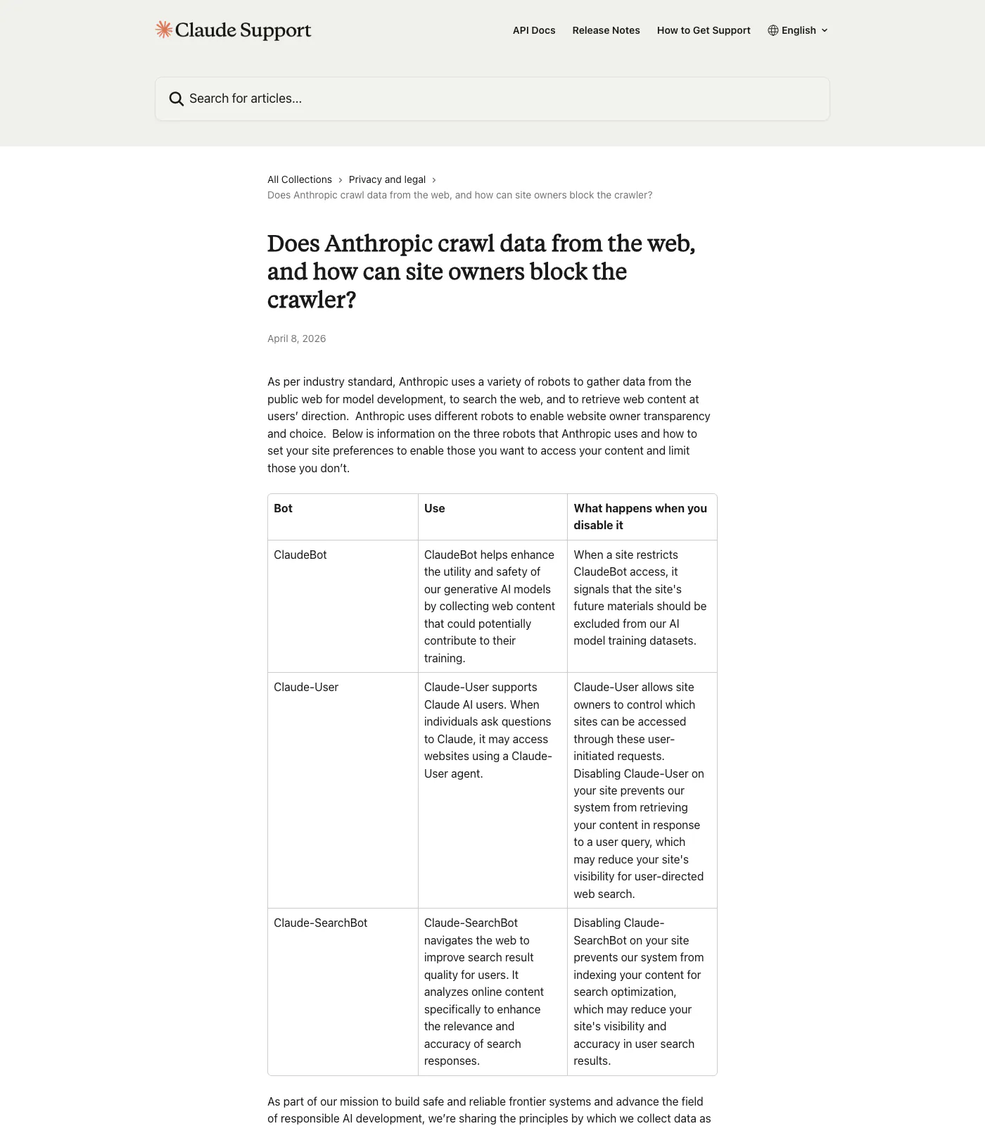 ClaudeBot Is Hitting Your WordPress Site: Should You Allow or Block? (2026) Anthropic claudebot official documentation page on support. Claude. Com showing the three bots — claudebot, claude-user, claude-searchbot — and how to block each