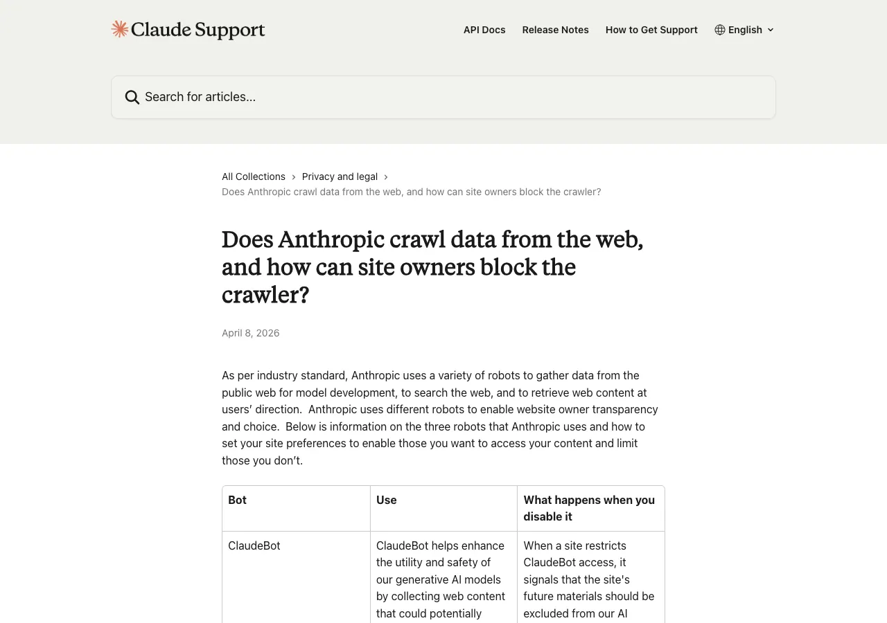 WordPress robots.txt for AI Crawlers: What's Actually Working in 2026 Anthropic support documentation explaining claudebot crawler behavior and how wordpress site owners can allow or block the ai crawler