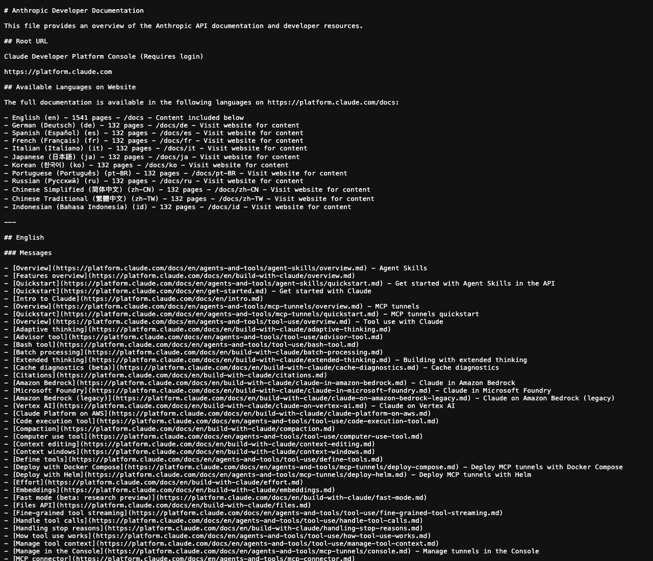 Real production llms. Txt file at docs. Anthropic. Com showing the 2026 standard format used by claude documentation for ai model summarization