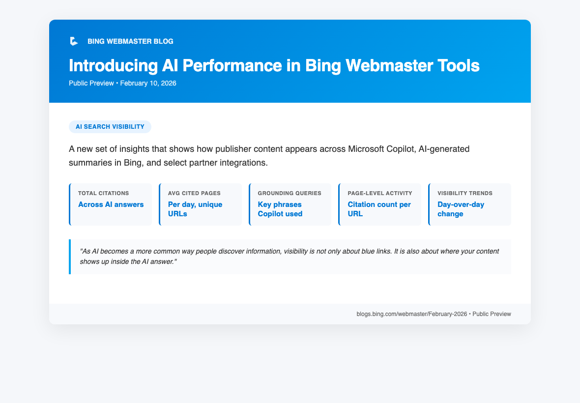 Bing Copilot Is Quietly Citing WordPress Sites: How to Appear in Microsoft AI Search (2026) Microsoft bing webmaster tools ai performance february 2026 launch announcement showing citation totals and grounding queries dashboard