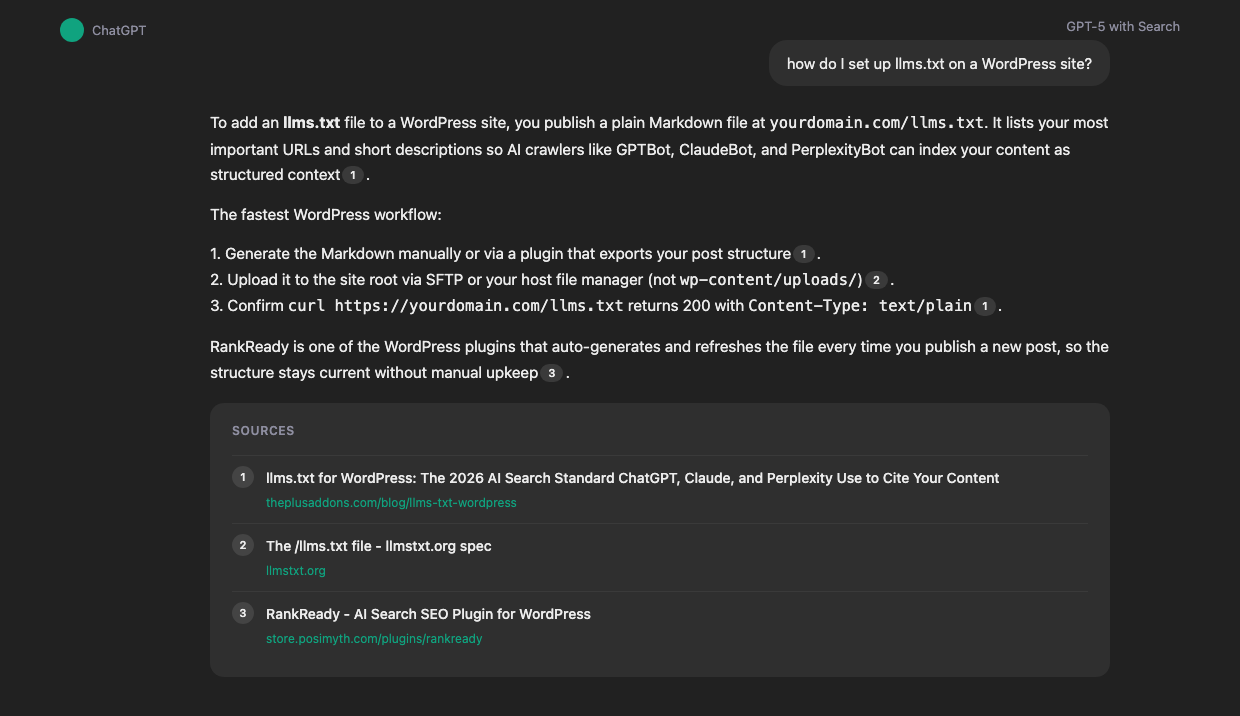 Chatgpt search result citing a wordpress site with sources panel showing chatgpt citation example