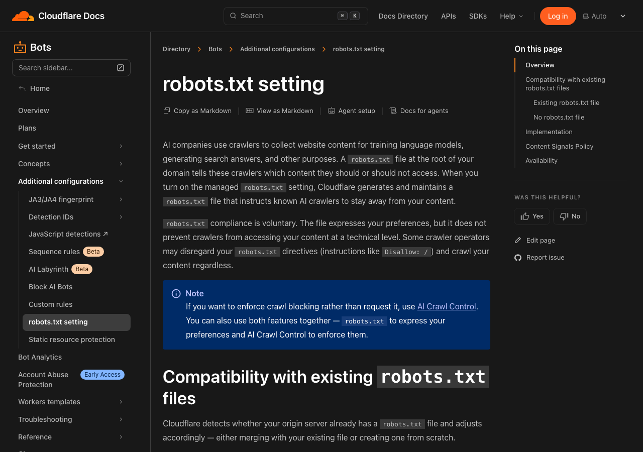 WordPress robots.txt for AI Crawlers: What's Actually Working in 2026 Cloudflare managed robots. Txt documentation showing how cloudflare blocks ai crawlers like gptbot claudebot perplexitybot on wordpress sites by default