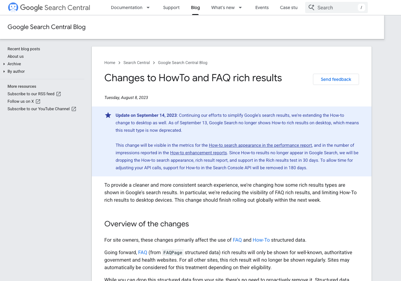 FAQ Schema in 2026: Why Google Removed It in May But ChatGPT, Claude, and Perplexity Cite It More Than Ever Google search central blog post from august 2023 announcing faq and howto rich result deprecation that culminated in may 2026 full removal