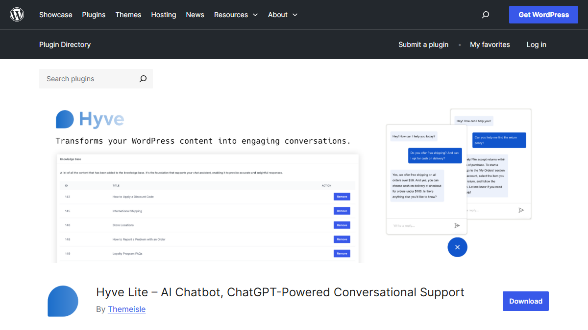 Hyve lite wordpress chatgpt plugin chatbot trained on your wordpress posts