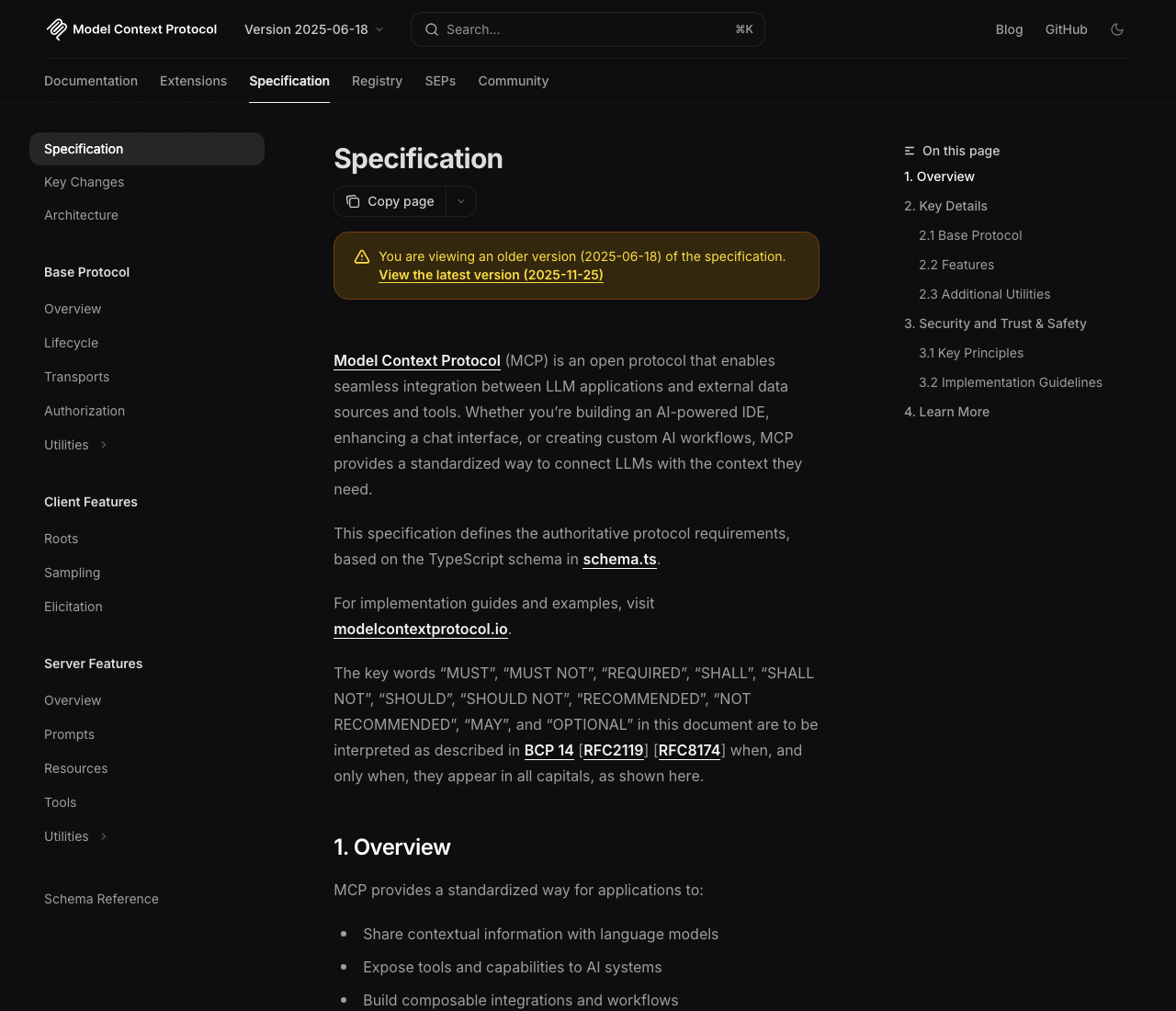What Is an MCP Server? The WordPress Guide to Model Context Protocol for AI Search Model context protocol 2025-06-18 specification page showing the mcp server-client architecture with tools resources and prompts