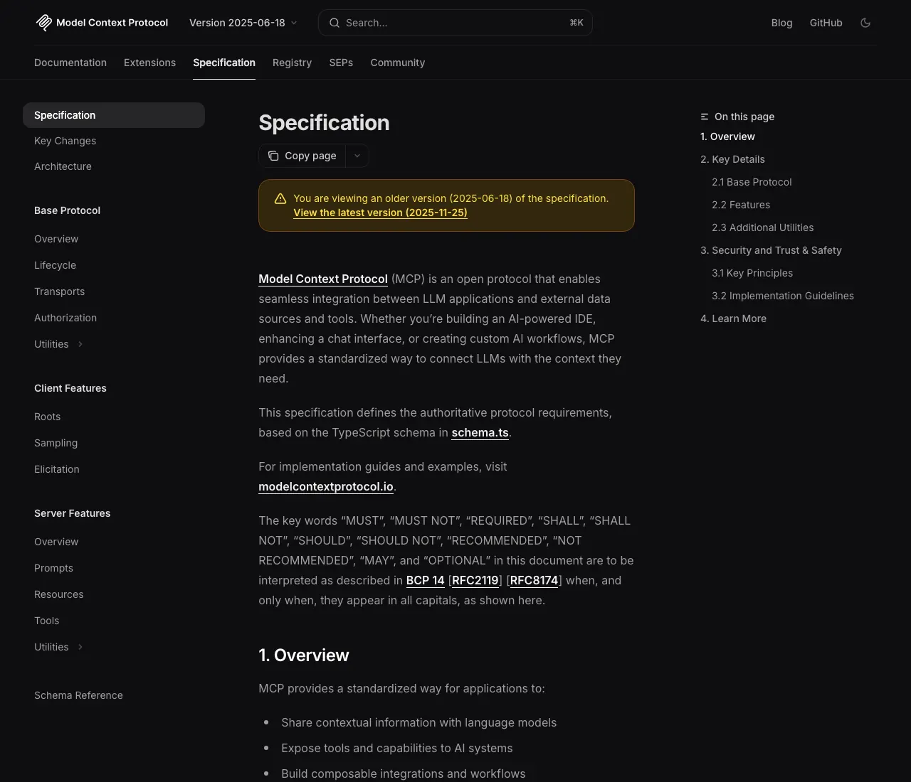 WebMCP for WordPress: Turn Your Site Into a Model Context Protocol Endpoint Claude and ChatGPT Can Query Directly Model context protocol 2025 specification page showing the mcp server client architecture for ai integrations with wordpress and other data sources