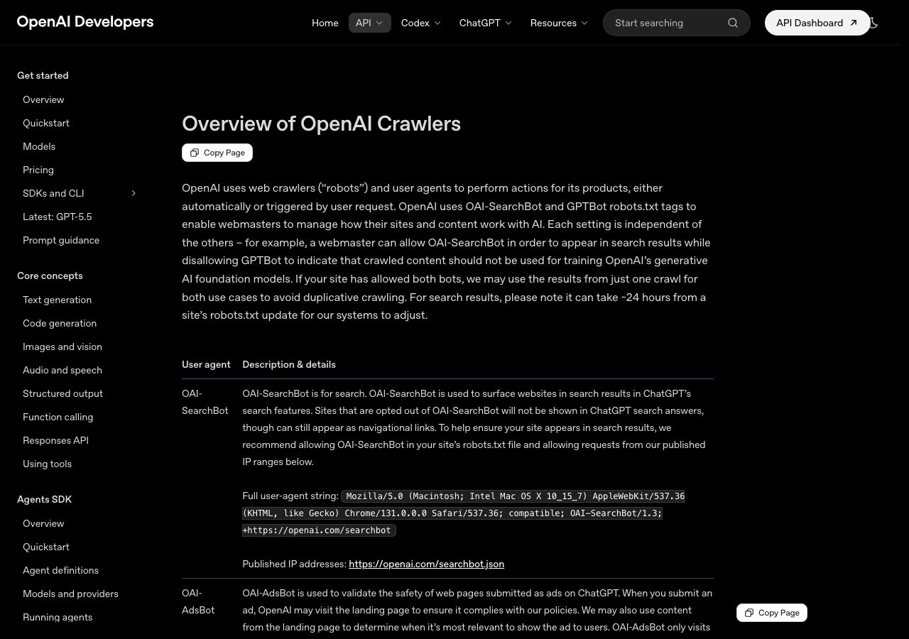 Openai official documentation page listing gptbot oai-searchbot and chatgpt-user user agent strings