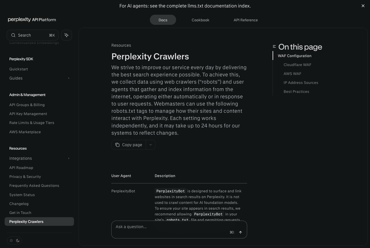 Perplexity official bot documentation page showing perplexitybot and perplexity-user user agents
