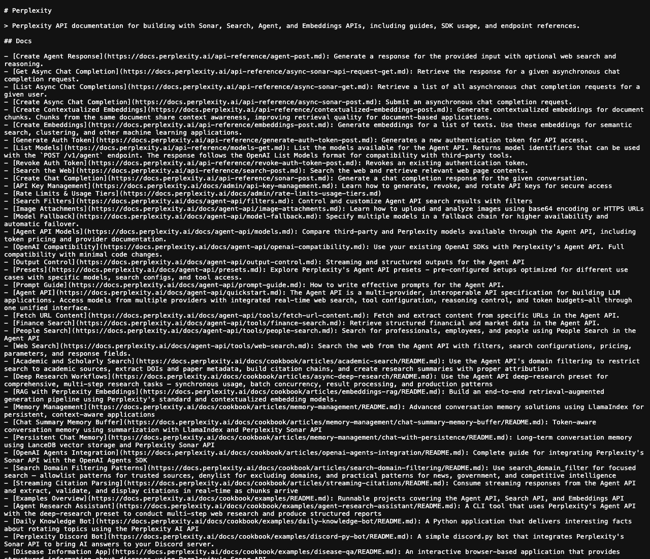 Real production llms. Txt file at docs. Perplexity. Ai showing the 2026 standard format perplexity uses for ai search citations