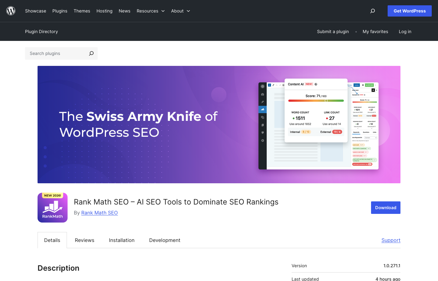 Best SEO Plugins for WordPress in 2026 (Including the AI SEO Plugin Nobody Knows About) Rank math seo plugin wordpress. Org listing page with 4 million active installs and 4. 8 star rating
