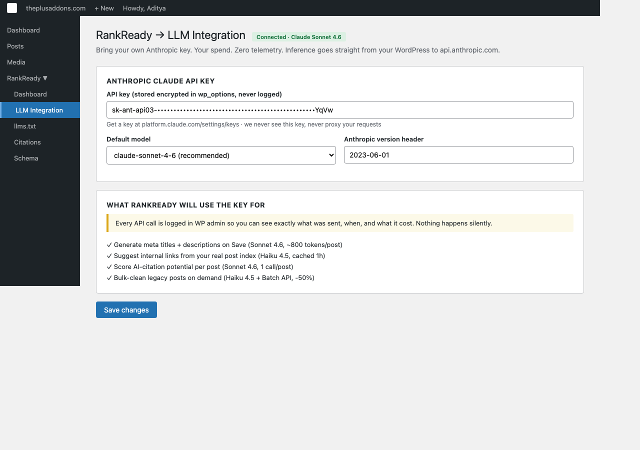 Rankready llm integration wordpress admin ui for claude api key
