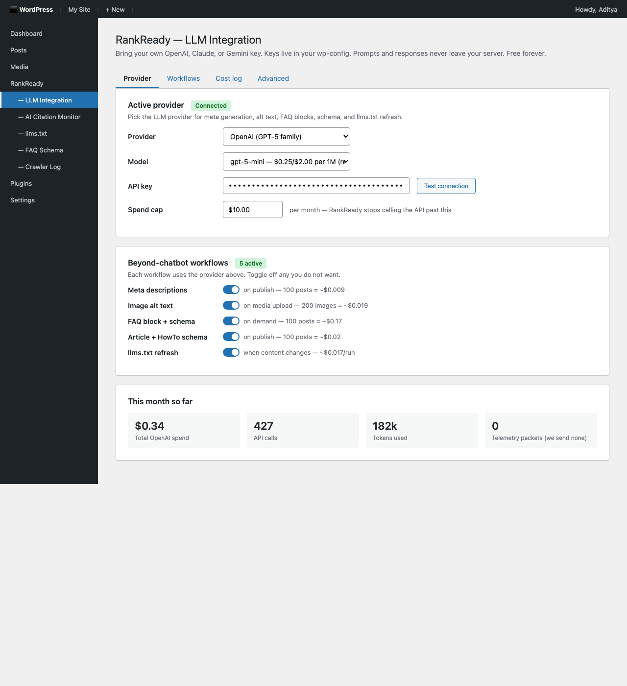 OpenAI API for WordPress: The Five Beyond-Chatbot Use Cases (2026 Cost Math + Setup) Rankready wordpress plugin llm integration admin screen with openai provider dropdown gpt-5-mini selected api key field spend cap and beyond-chatbot workflows toggles