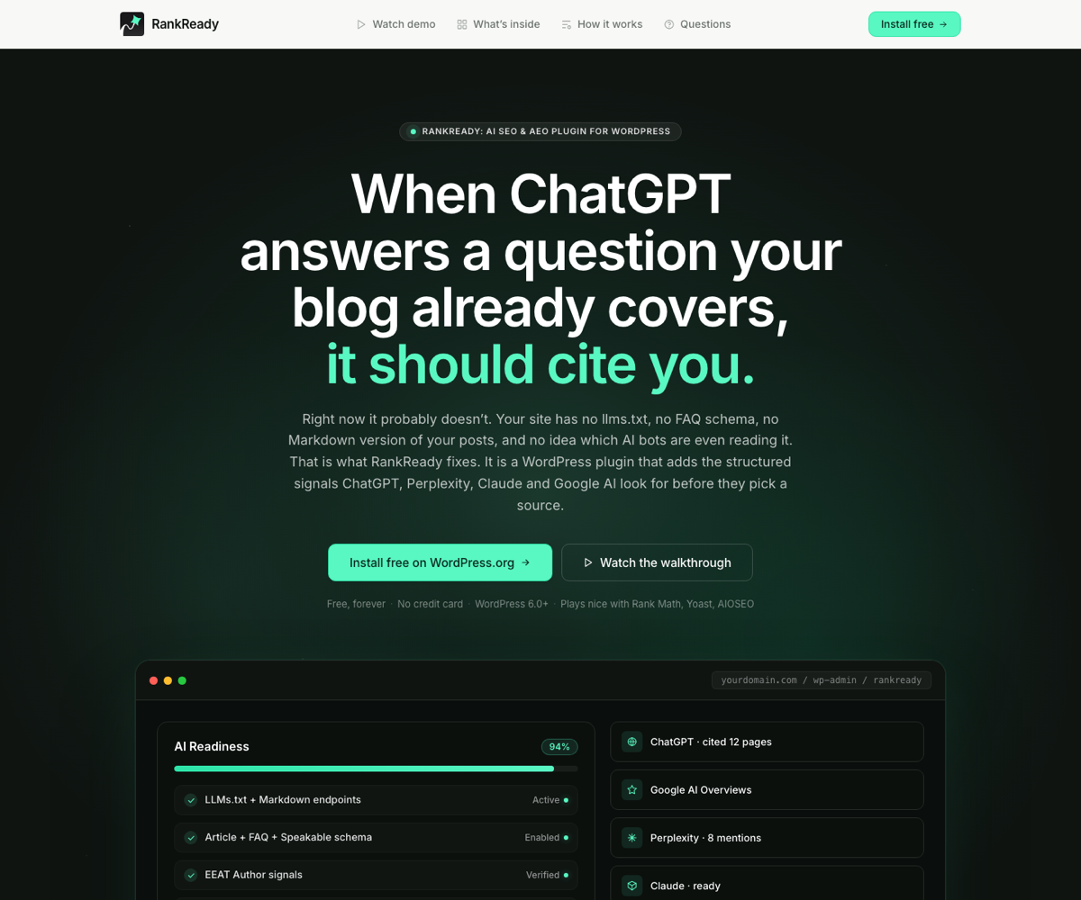 Rankready free wordpress plugin store landing page at store. Posimyth. Com