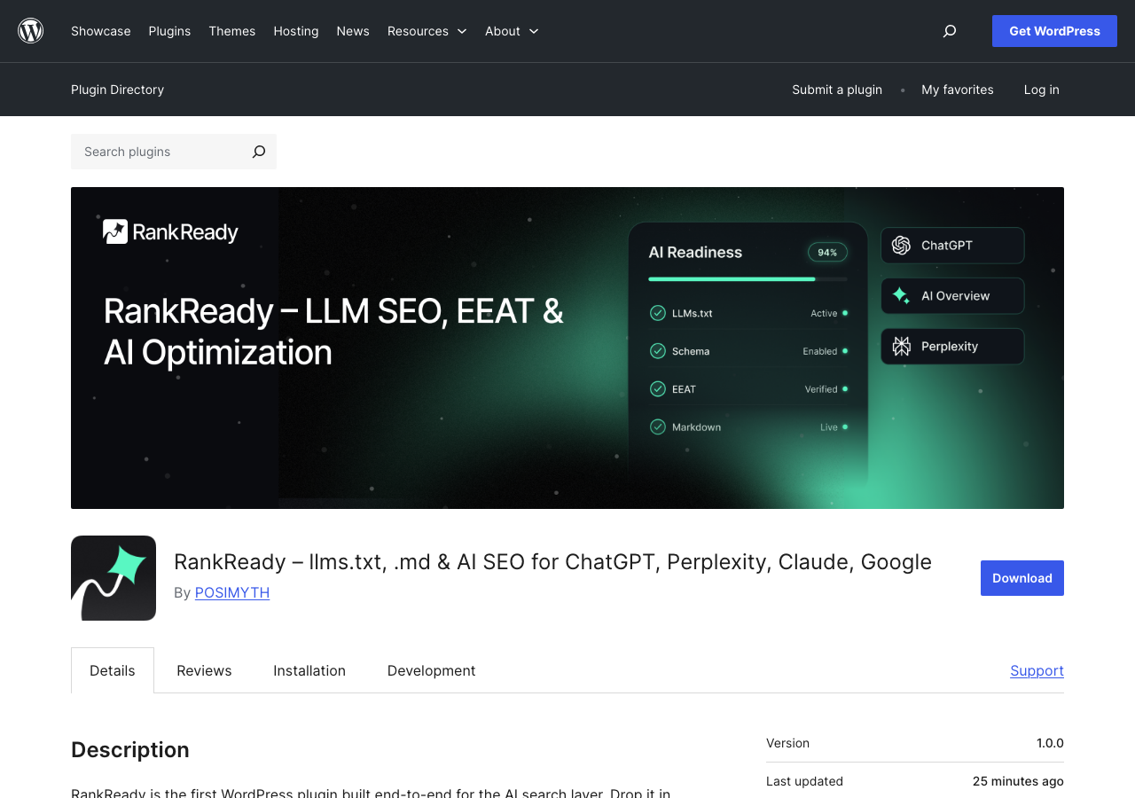 Rankready wordpress plugin listing showing ai seo llm eeat optimization for chatgpt perplexity claude google