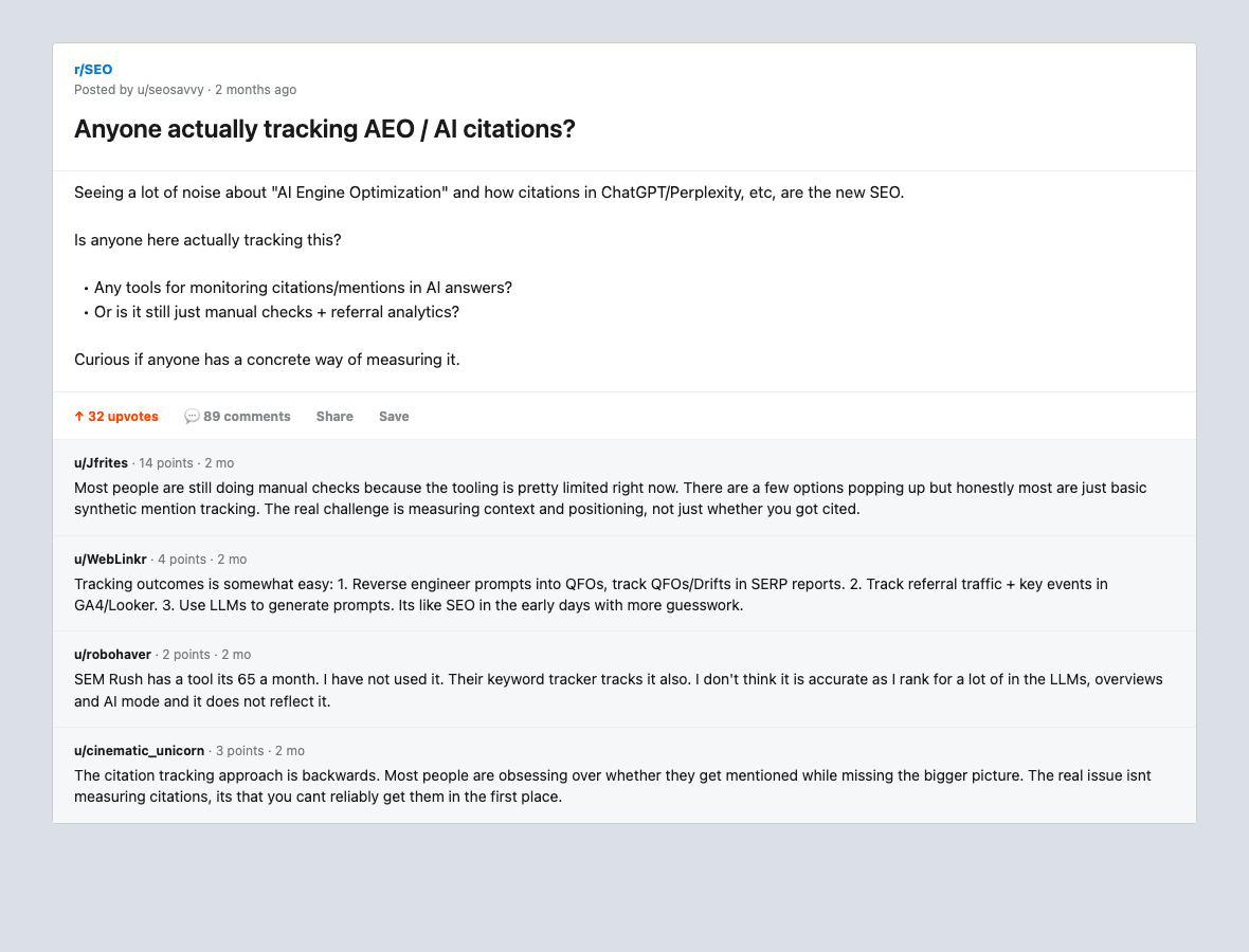Reddit r/seo thread about tracking aeo and ai citations with 32 upvotes 89 comments