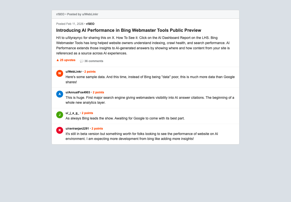 Bing Copilot Is Quietly Citing WordPress Sites: How to Appear in Microsoft AI Search (2026) Reddit r/seo thread on bing ai performance launch showing 25 upvotes 36 comments with practitioners verifying citation data