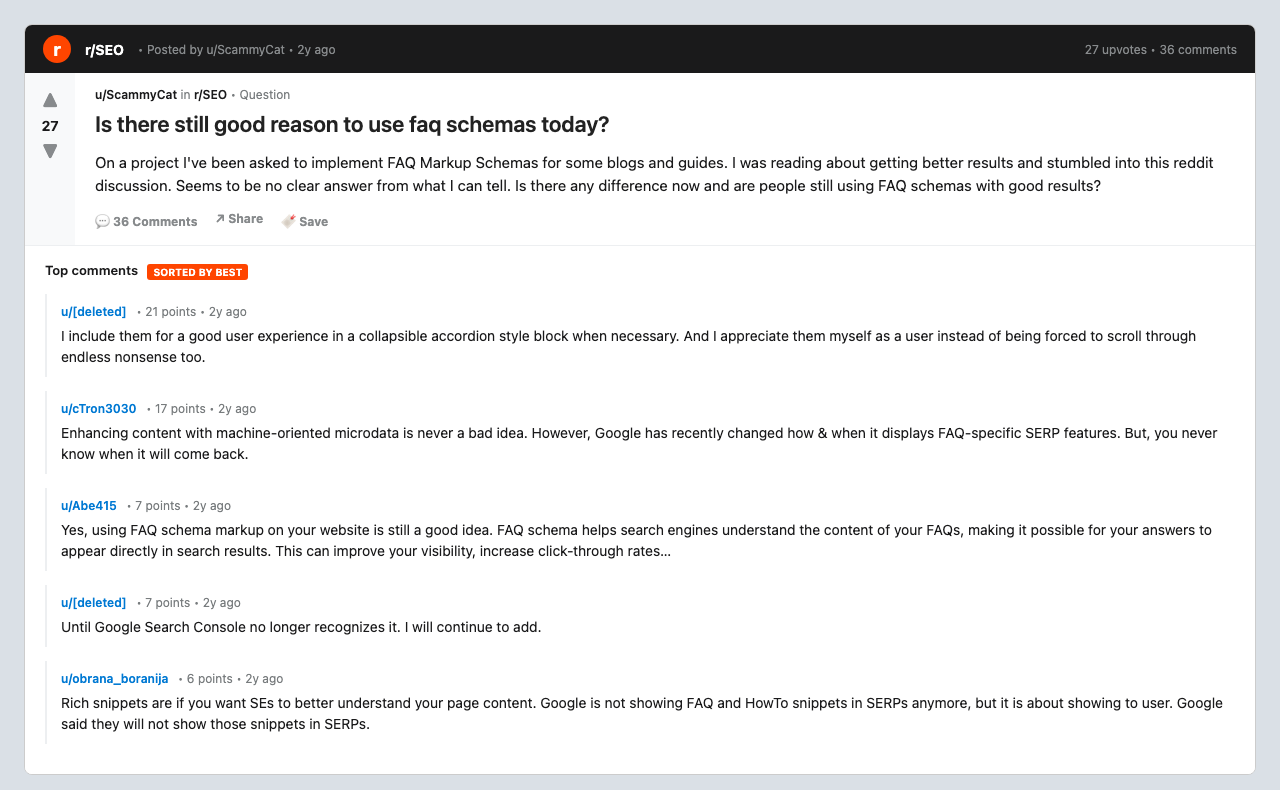 FAQ Schema in 2026: Why Google Removed It in May But ChatGPT, Claude, and Perplexity Cite It More Than Ever Reddit r/seo community thread debating whether faq schemas are still worth implementing in 2026 with mixed answers from seo practitioners