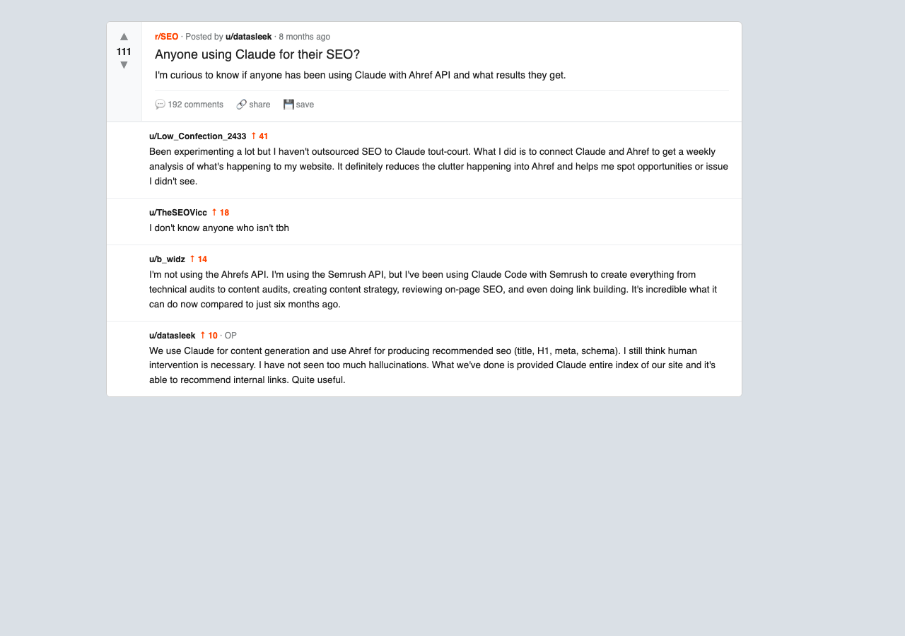 Reddit r/seo thread anyone using claude for their seo 111 upvotes 192 comments