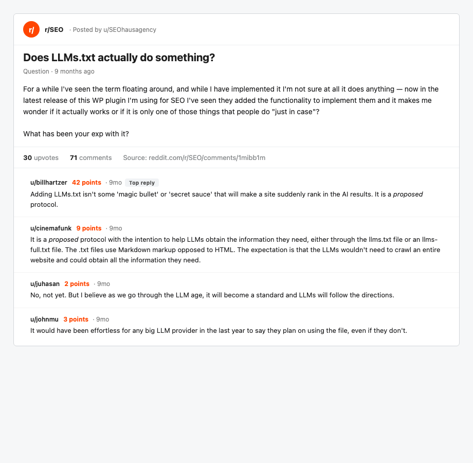 Best SEO Plugins for WordPress in 2026 (Including the AI SEO Plugin Nobody Knows About) Reddit r/seo thread does llms. Txt actually do something with 30 upvotes 71 comments showing community debate on ai search readiness