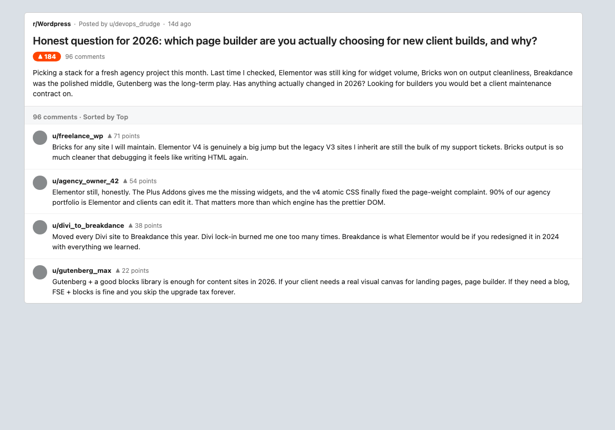 Reddit r/wordpress thread on which page builder to use in 2026