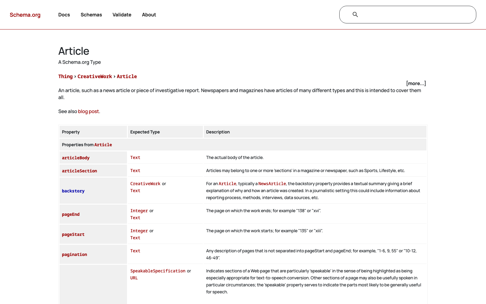 Schema Markup for AI: Which Schemas Actually Help With AI Citations in 2026 Schema. Org article specification page showing properties and parent type