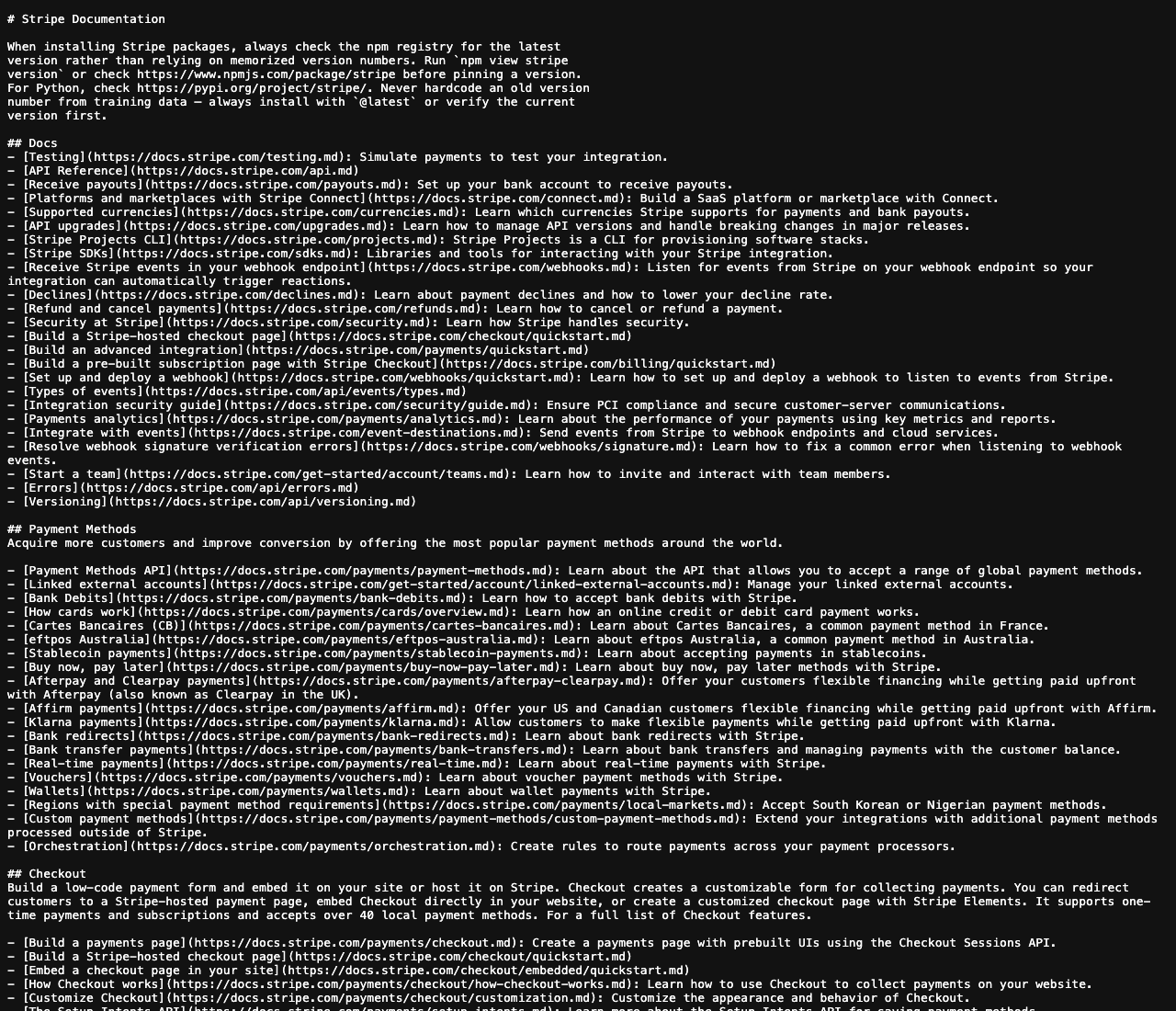 Real production llms. Txt file at docs. Stripe. Com showing how stripe formats ai-readable site description for 2026