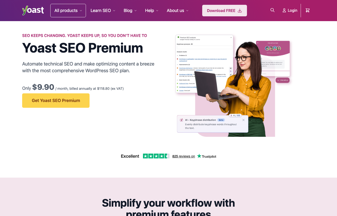 Yoast SEO Doesn't Do AI SEO. Here's What Does. (2026) Yoast seo premium ai features page on yoast. Com showing ai title and meta description suggestions in 2026