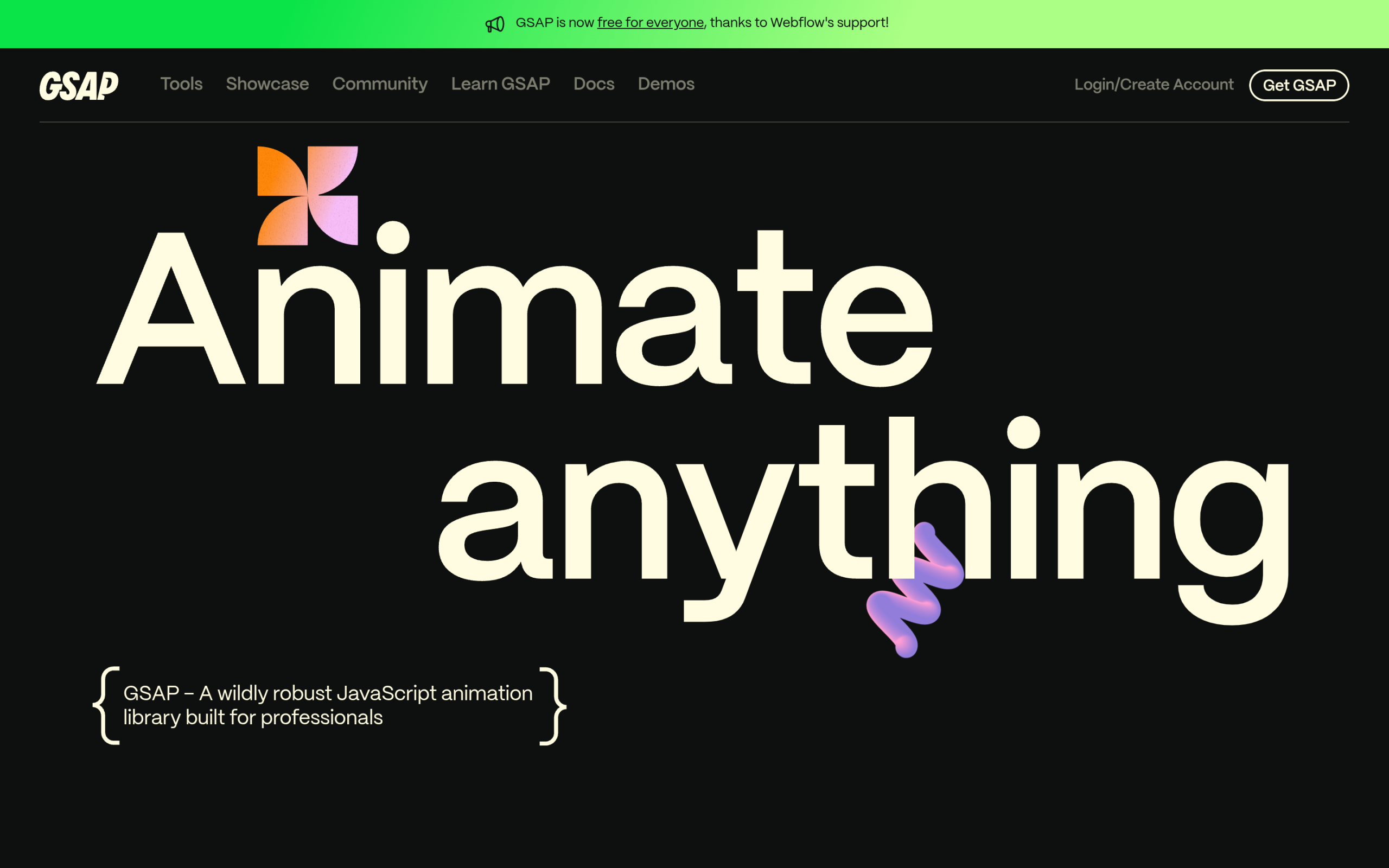 Gsap is now free for everyone, shown on the greensock homepage