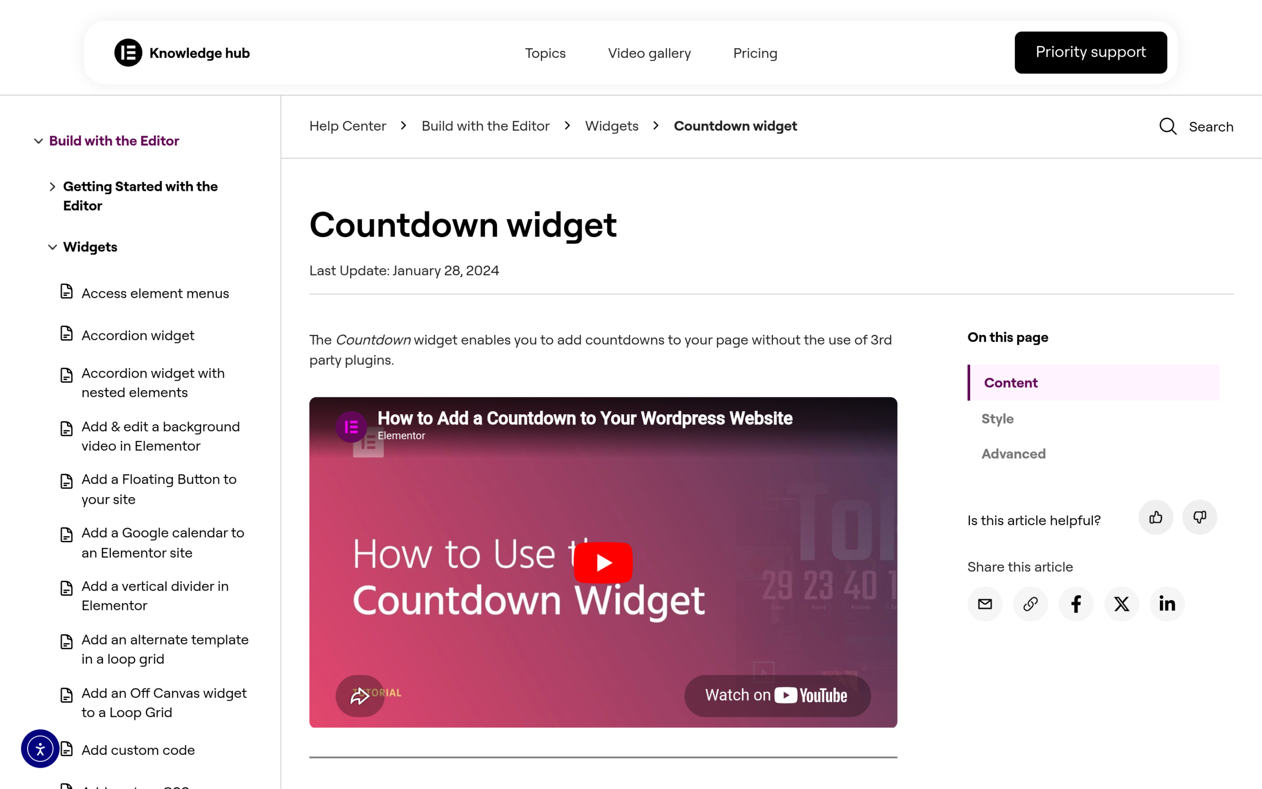 Elementor official help page showing the countdown widget is a pro feature
