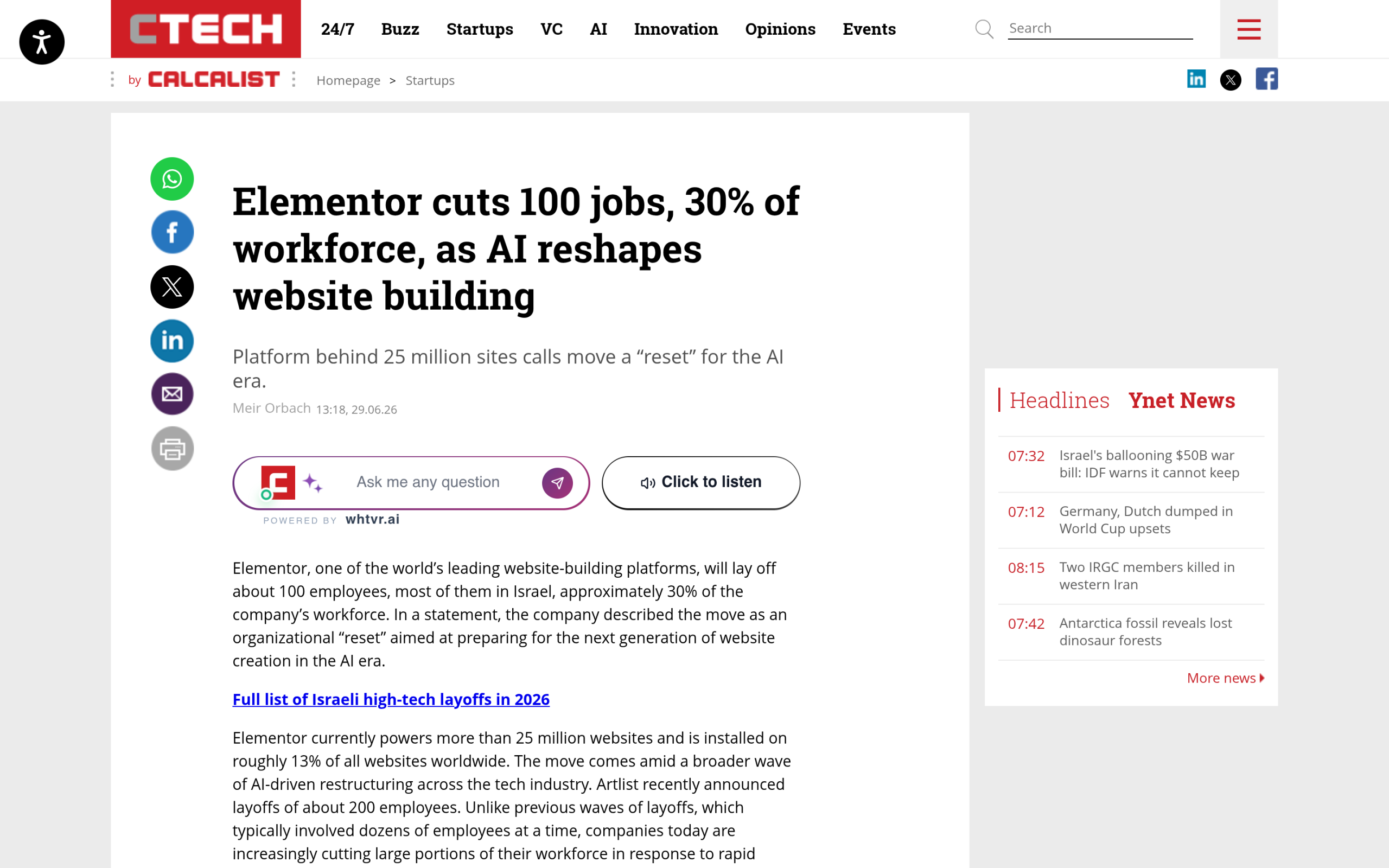 News report that elementor cut about 30 percent of its workforce in 2026
