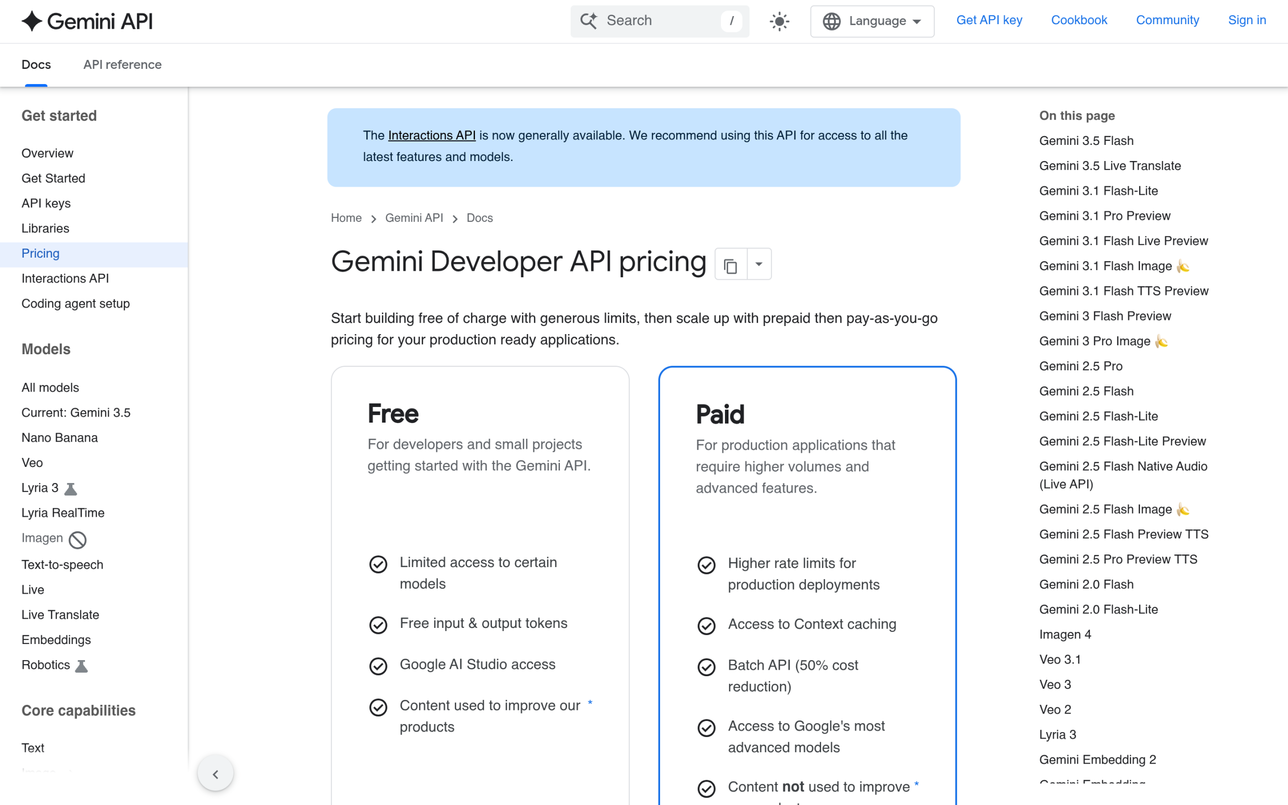 Gemini api pricing page showing per-million-token costs and the free tier