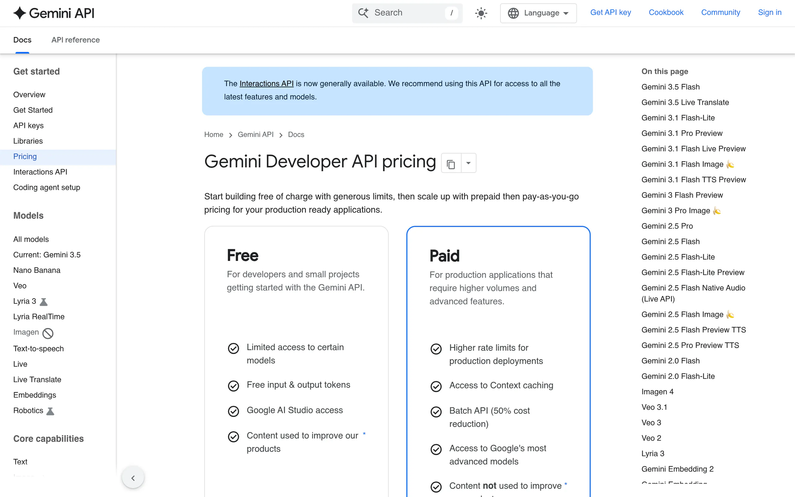 Gemini api pricing page showing per-million-token costs and the free tier