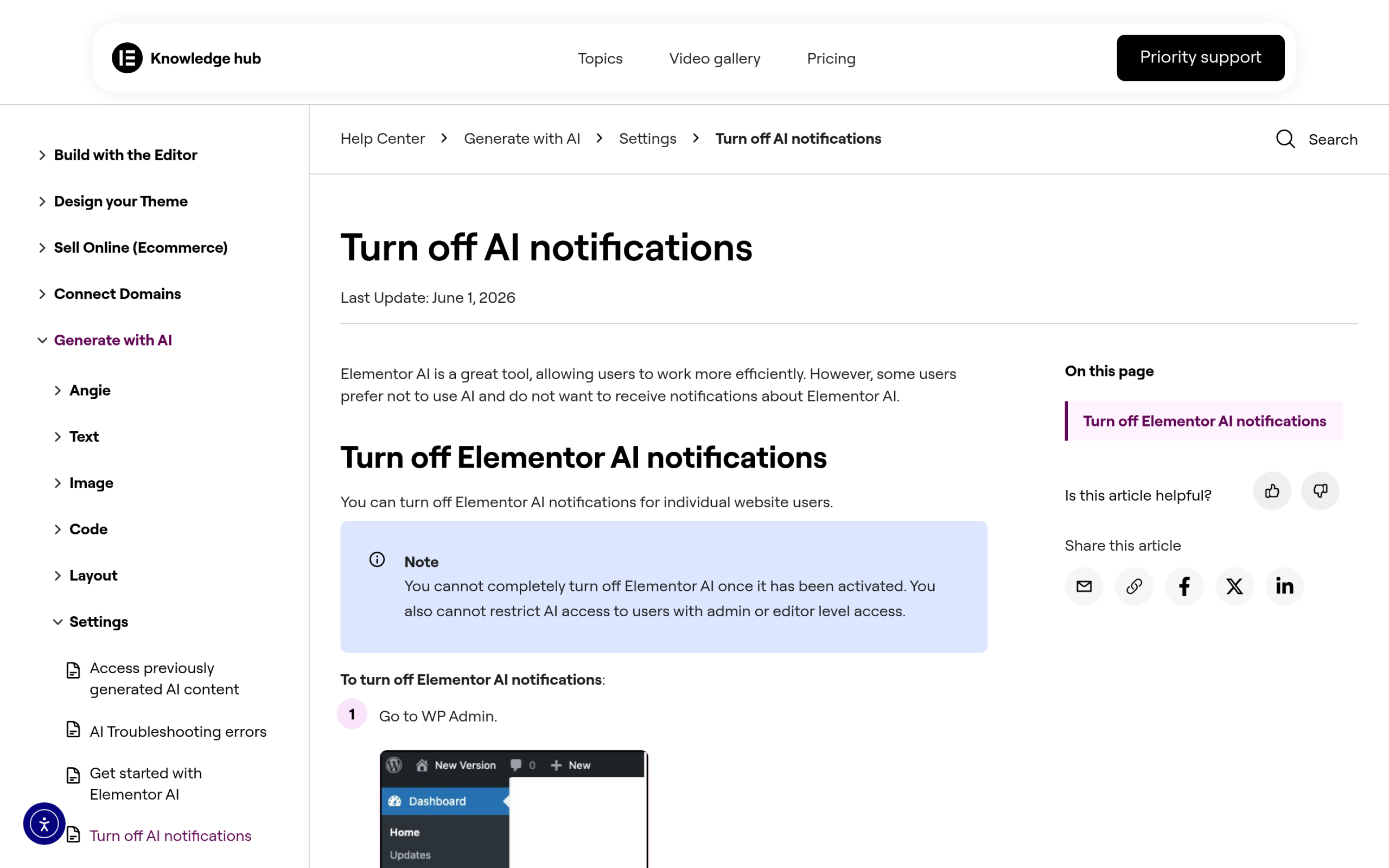 Elementor help article for turning off ai notifications