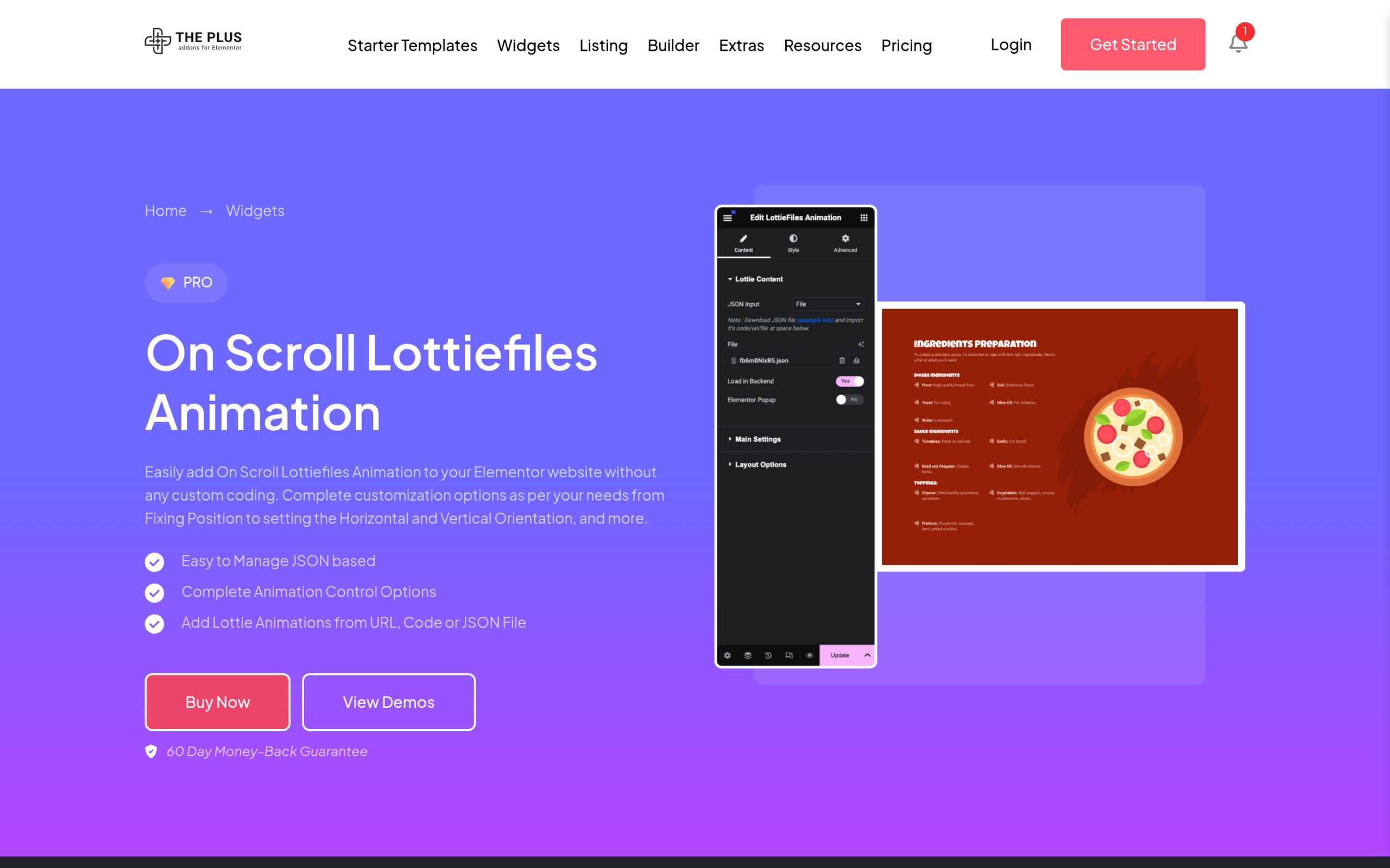 The plus addons on scroll lottiefiles animation widget for elementor