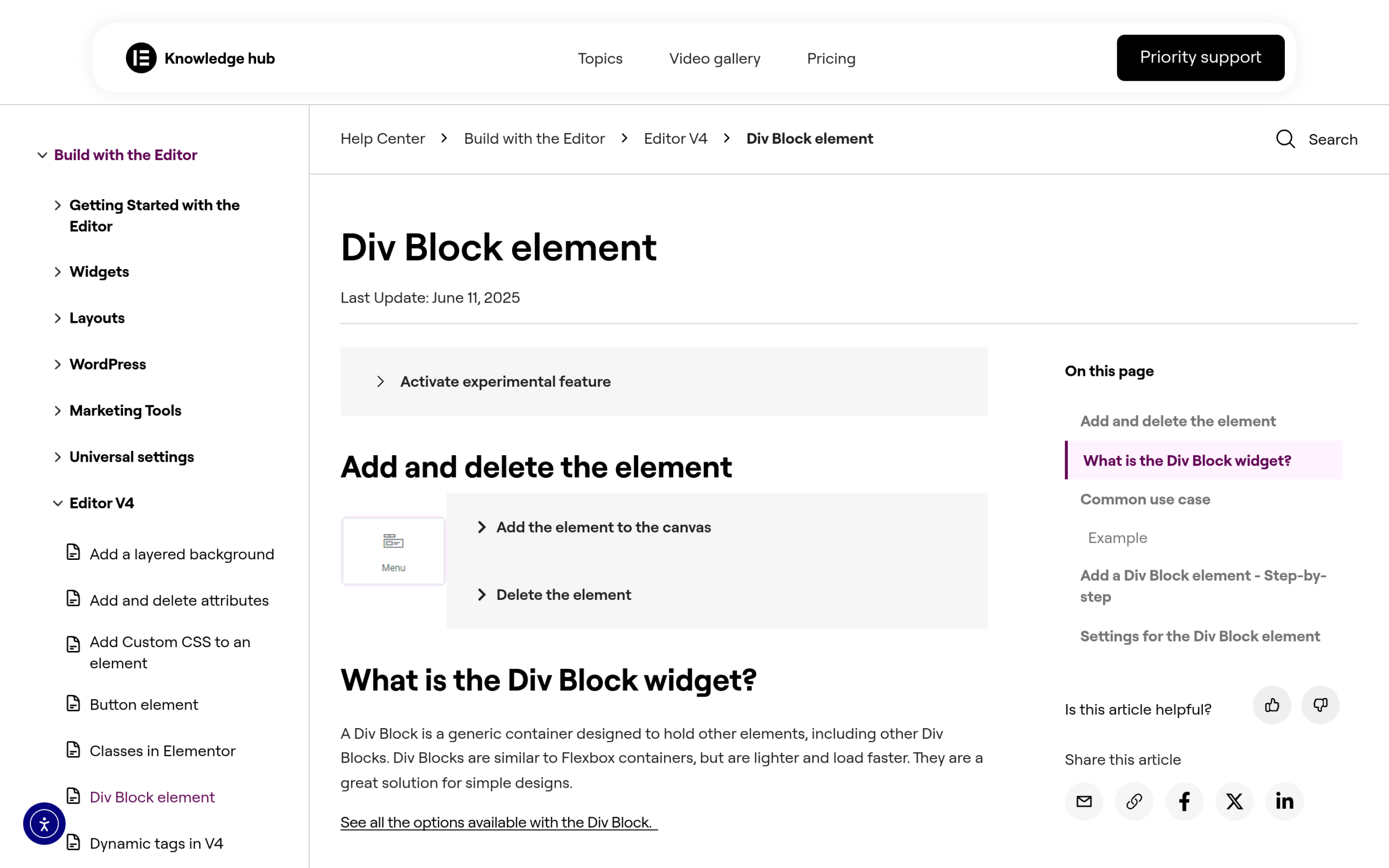 Elementor div block container element documentation
