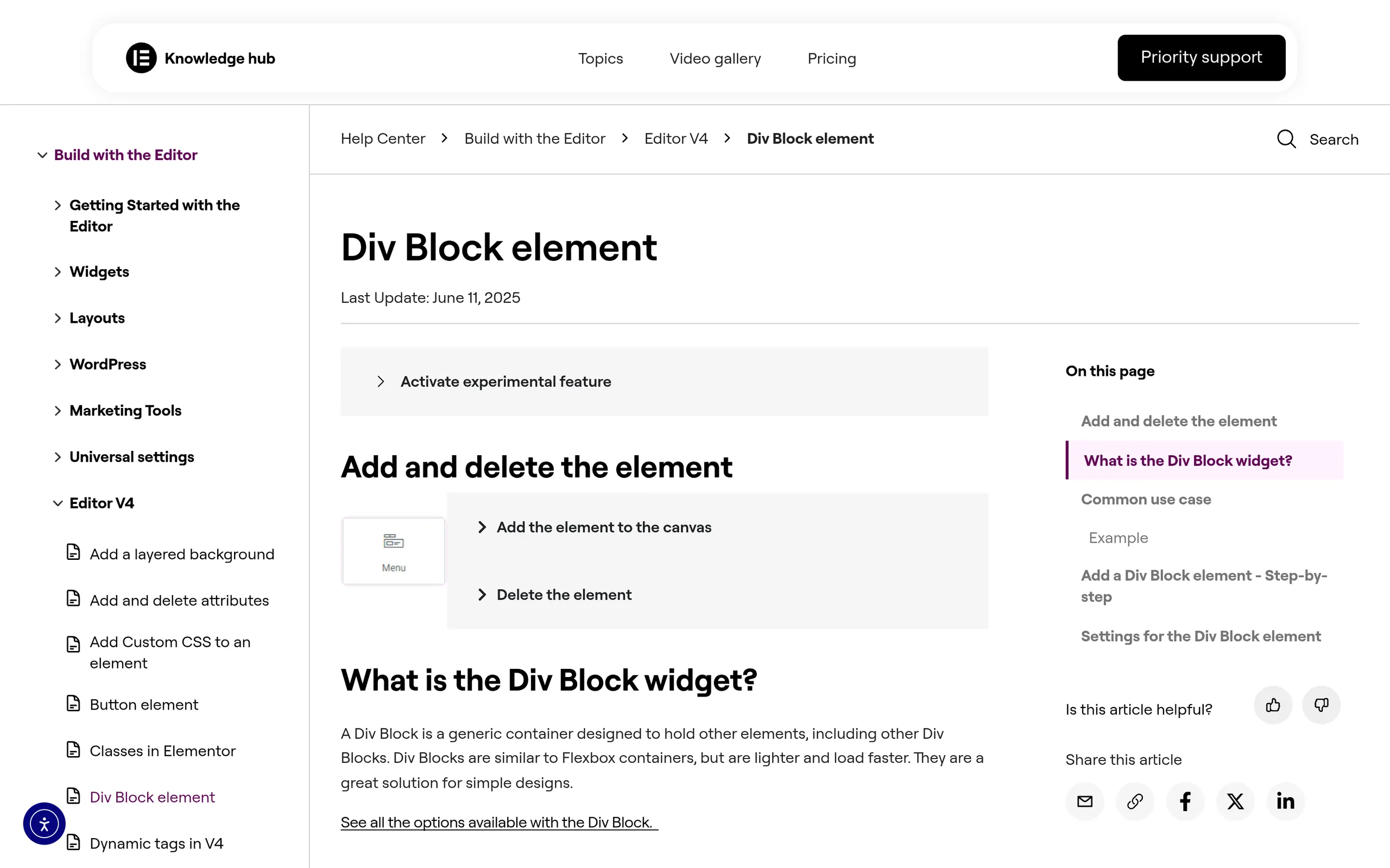 Elementor div block container element documentation