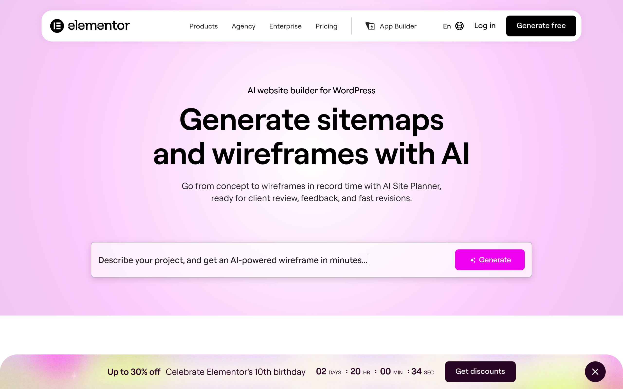 Elementor ai site planner page showing ai-generated sitemaps and wireframes