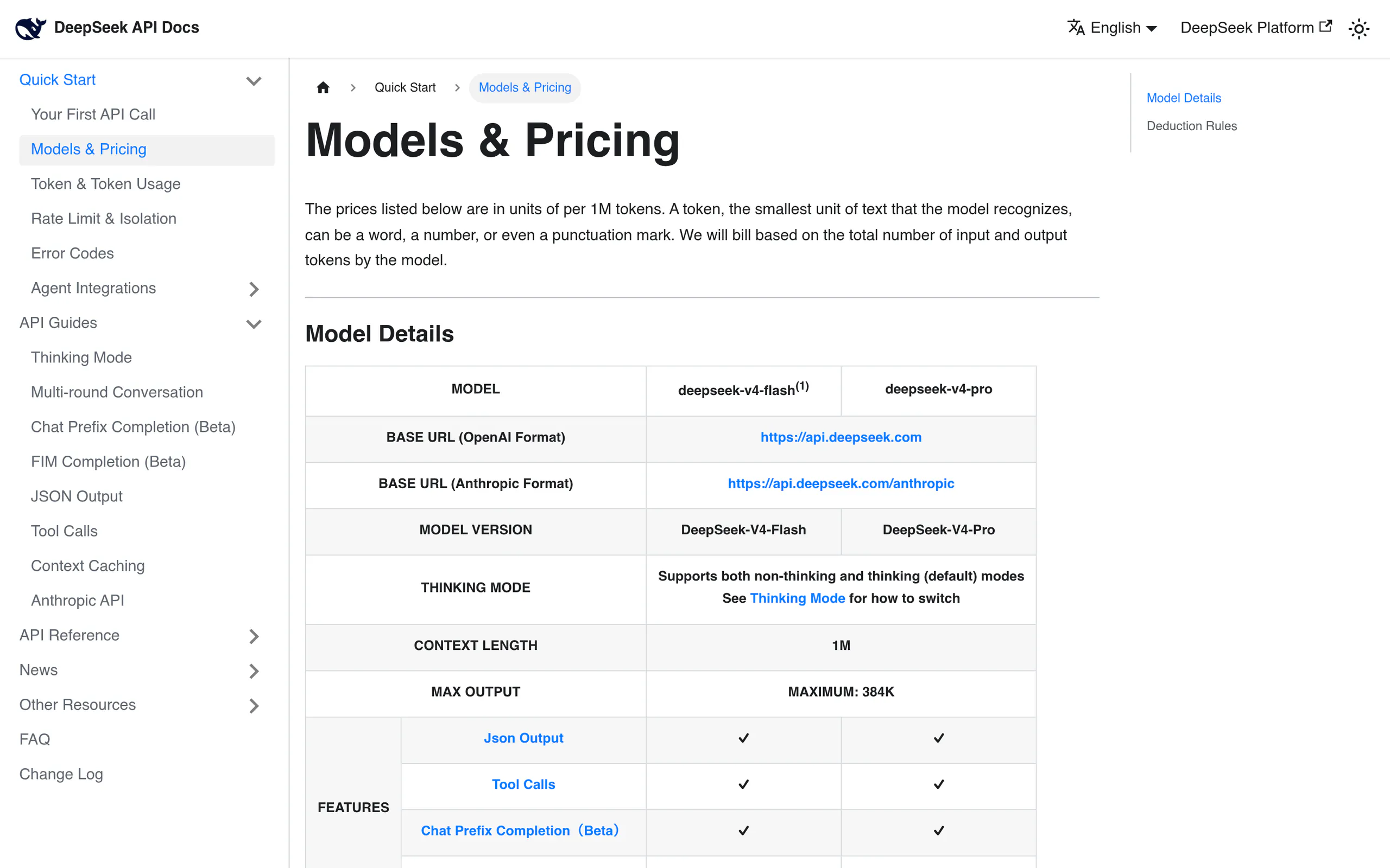 Deepseek api pricing page listing deepseek-v4-flash and deepseek-v4-pro token costs