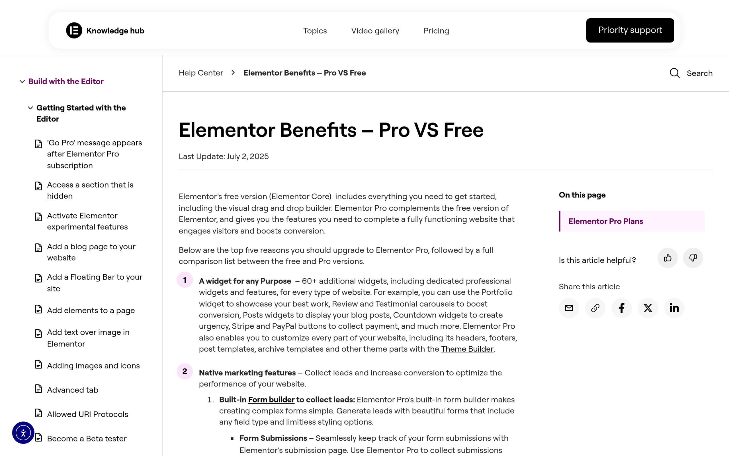Elementor official pro vs free feature comparison table showing which features are pro-only