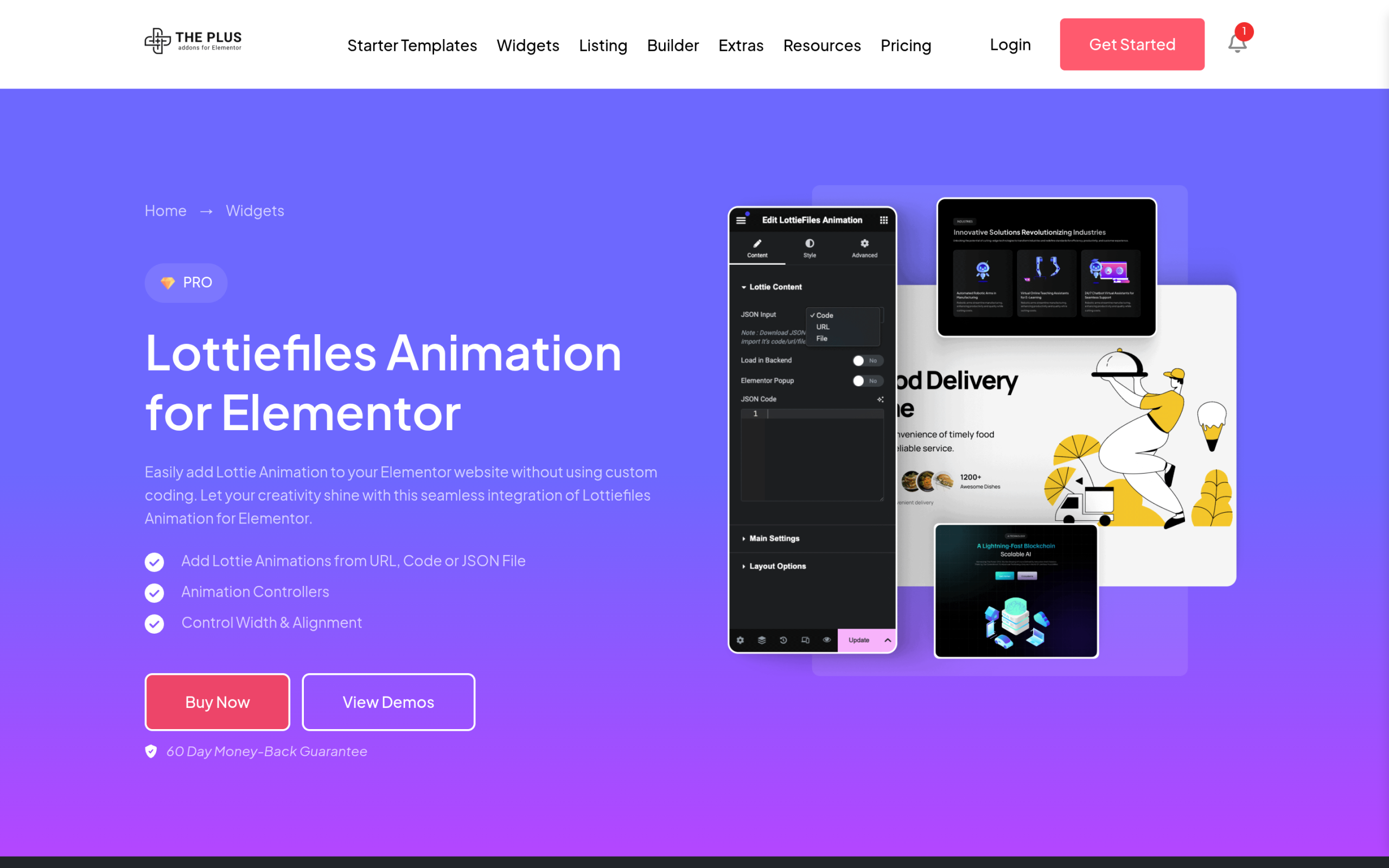 The plus addons lottiefiles animation widget for elementor