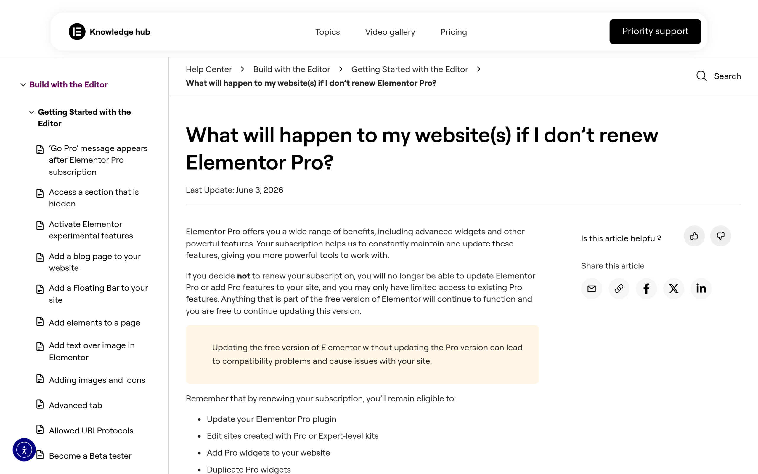 Elementor official help page explaining what happens to your site if you cancel elementor pro