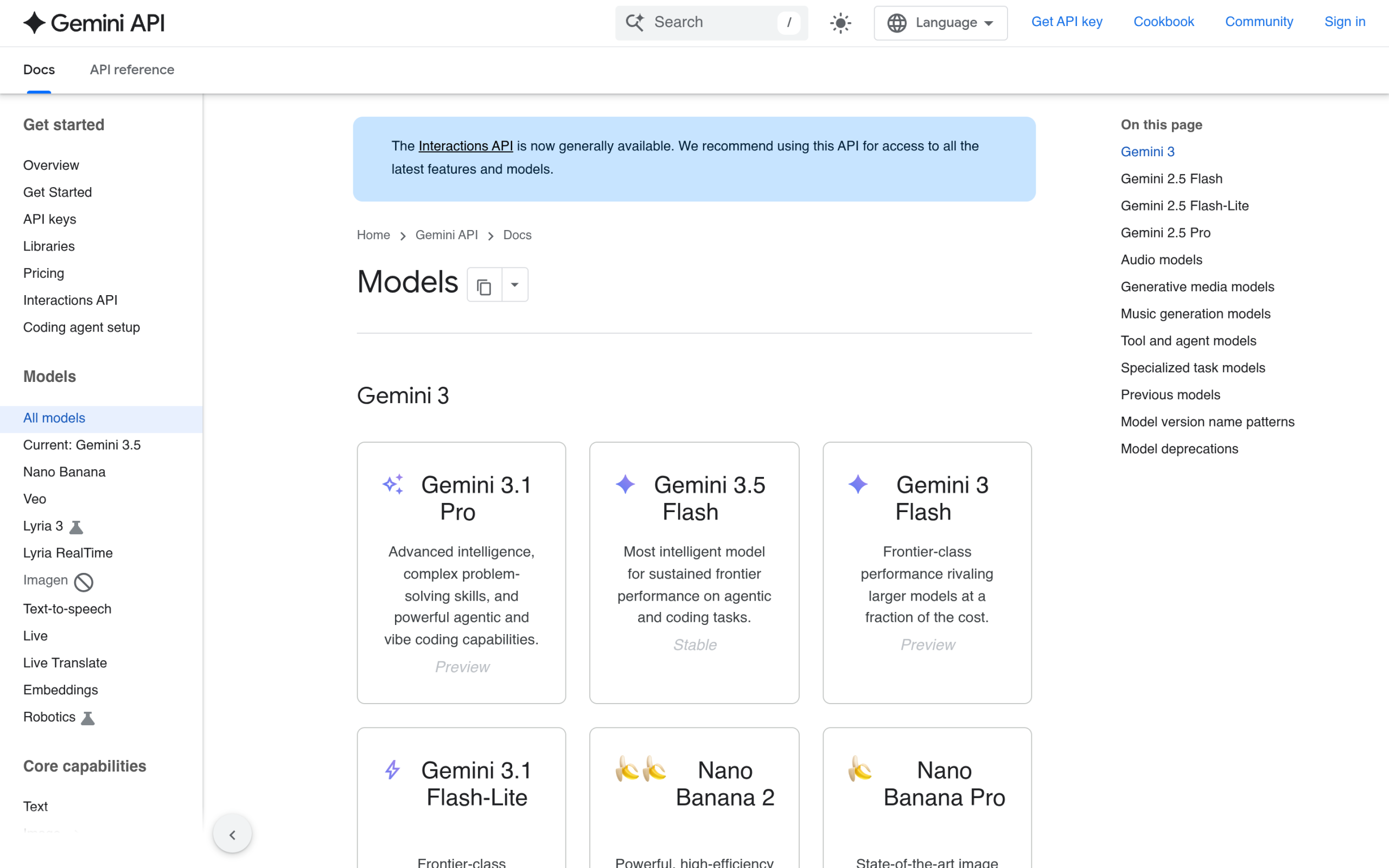 Gemini api models documentation listing gemini 2. 5 and gemini 3 model names