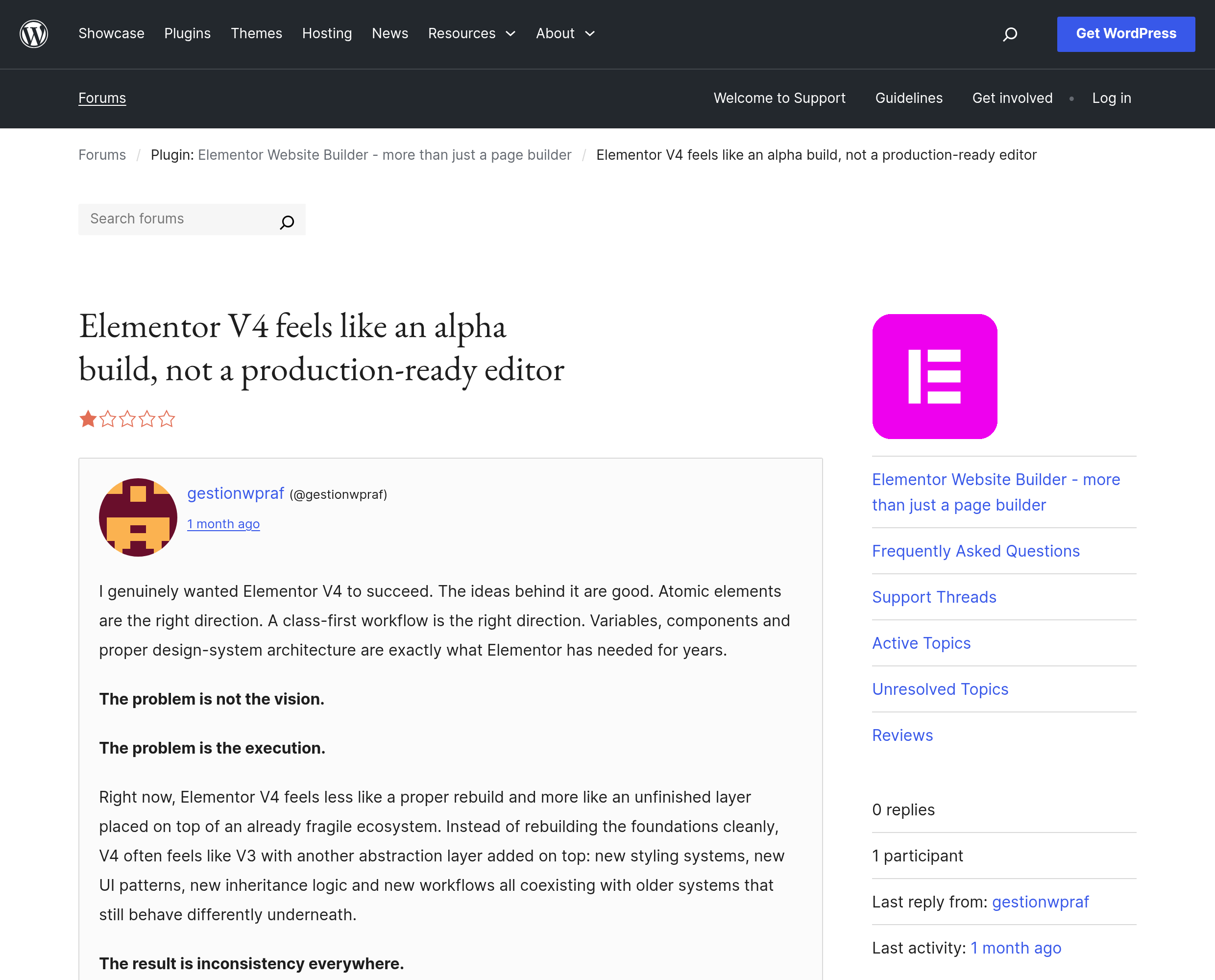 Wordpress. Org review: elementor v4 feels like an alpha build, not production-ready