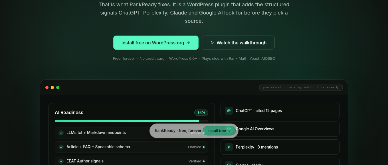 Rankready ai readiness dashboard showing llms. Txt, schema, ai crawler tracking and citation counts for chatgpt, perplexity and claude