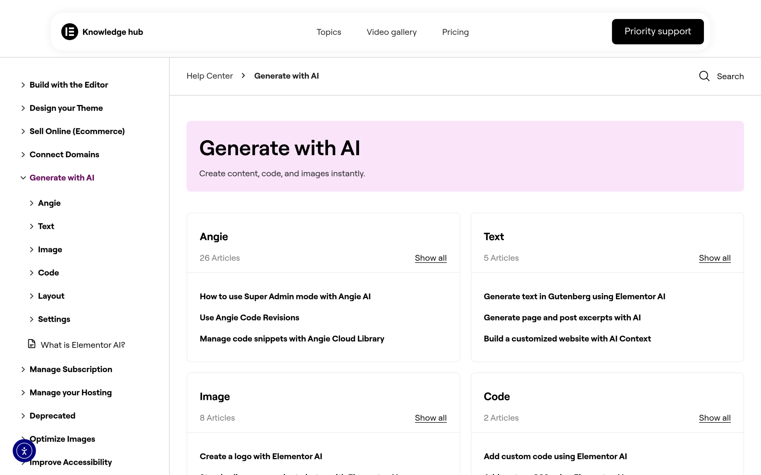 Elementor ai and the angie assistant documented in elementor's help center