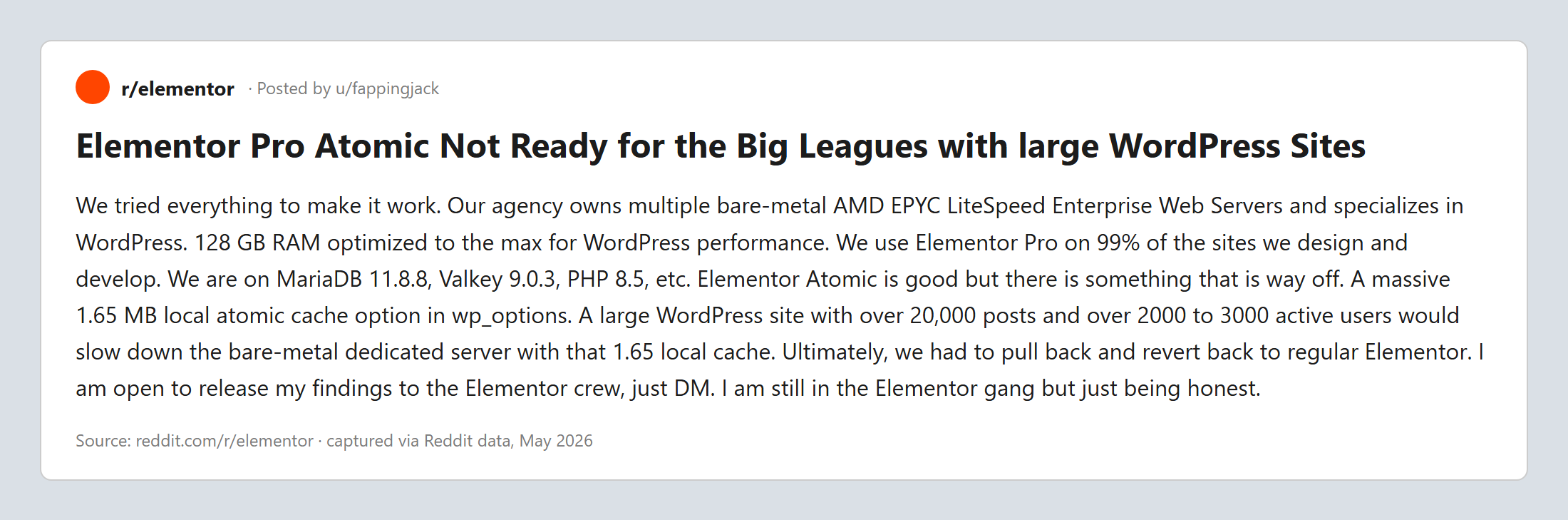 R/elementor post by u/fappingjack: elementor pro atomic not ready for large wordpress sites, 1. 65 mb atomic cache