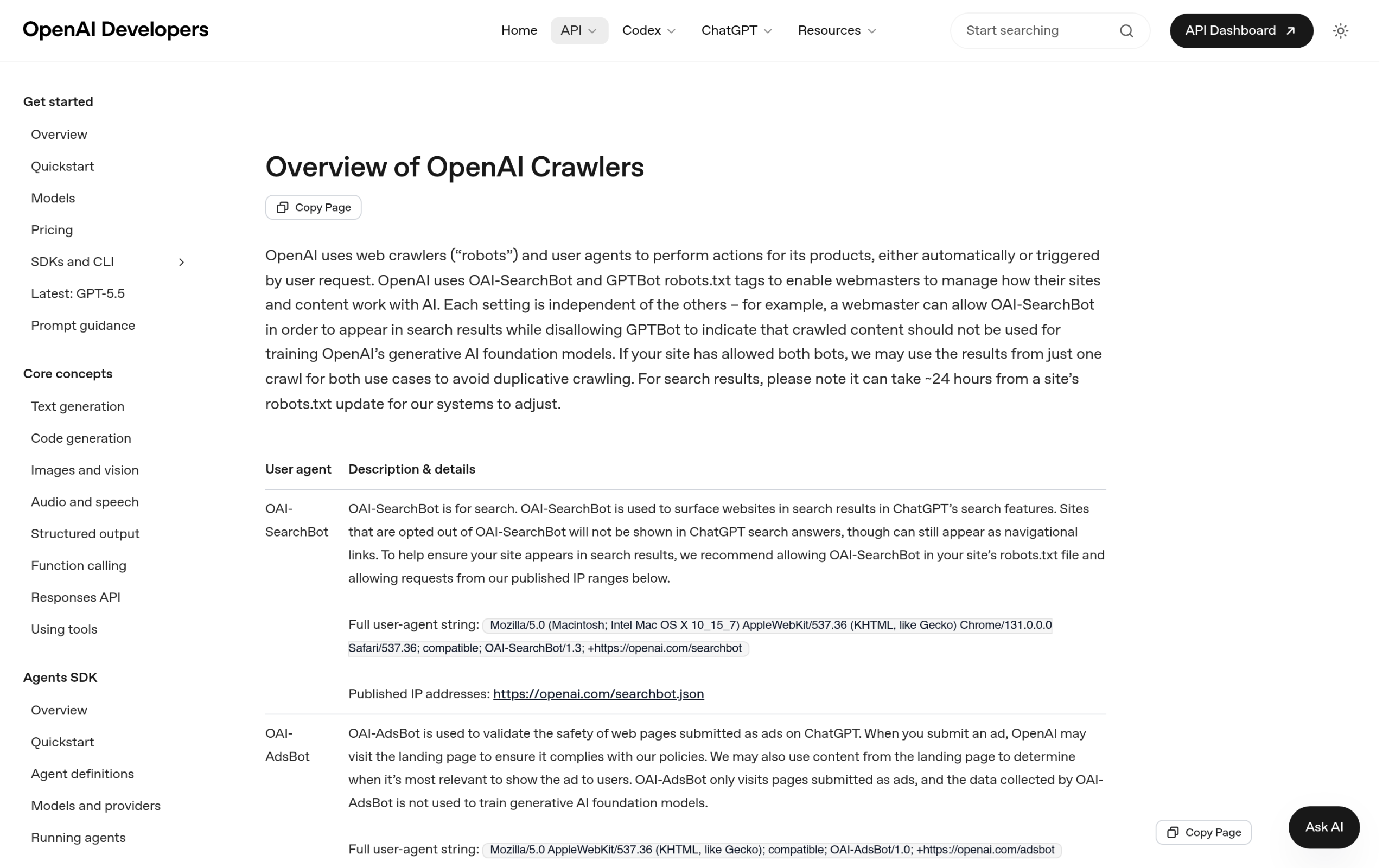 ChatGPT-User and OpenAI's Crawlers: Should You Allow or Block Them on WordPress? (2026) Openai developer documentation listing gptbot, oai-searchbot, and chatgpt-user