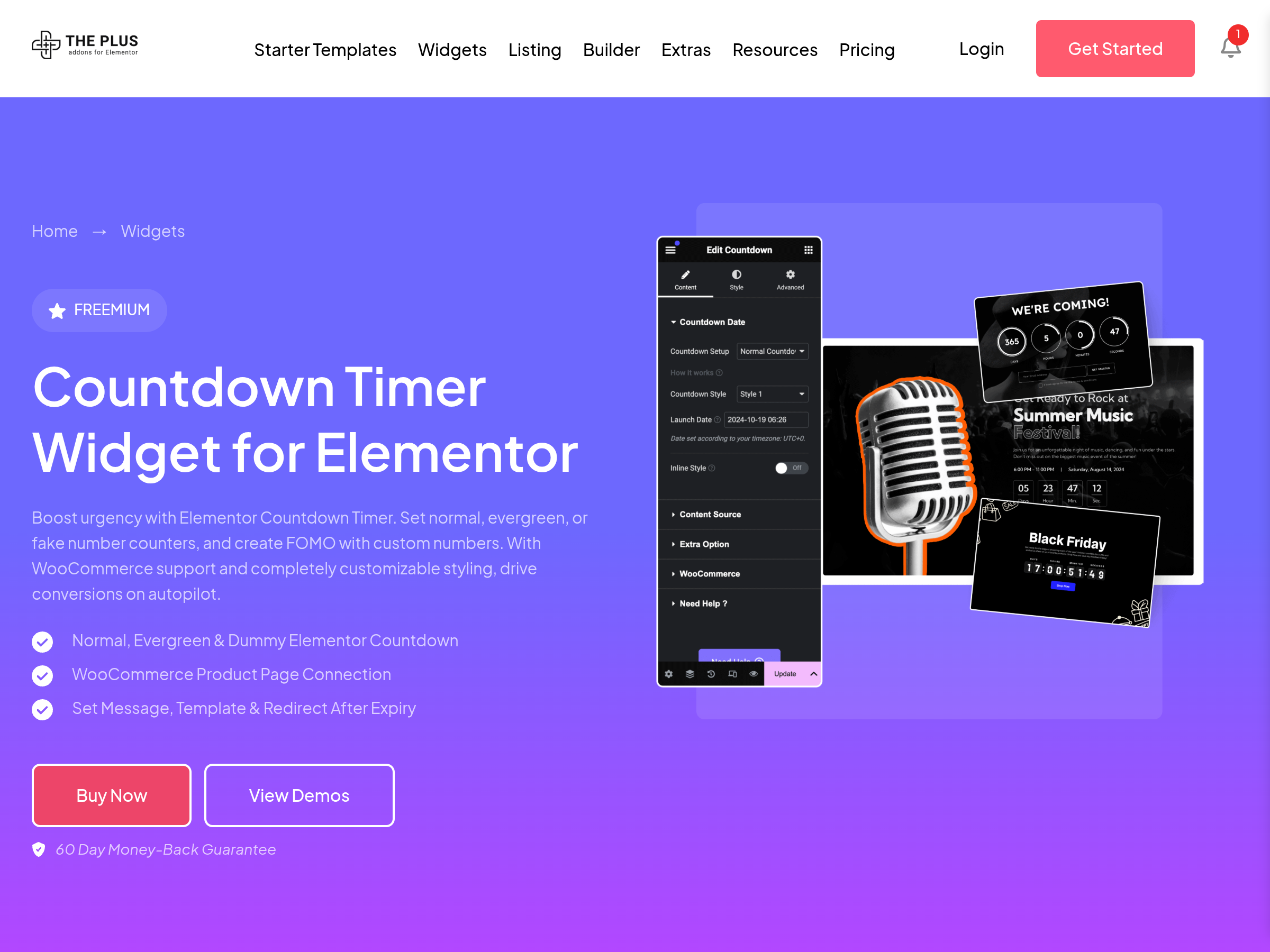 The plus addons for elementor free countdown timer widget page showing normal, evergreen and dummy modes